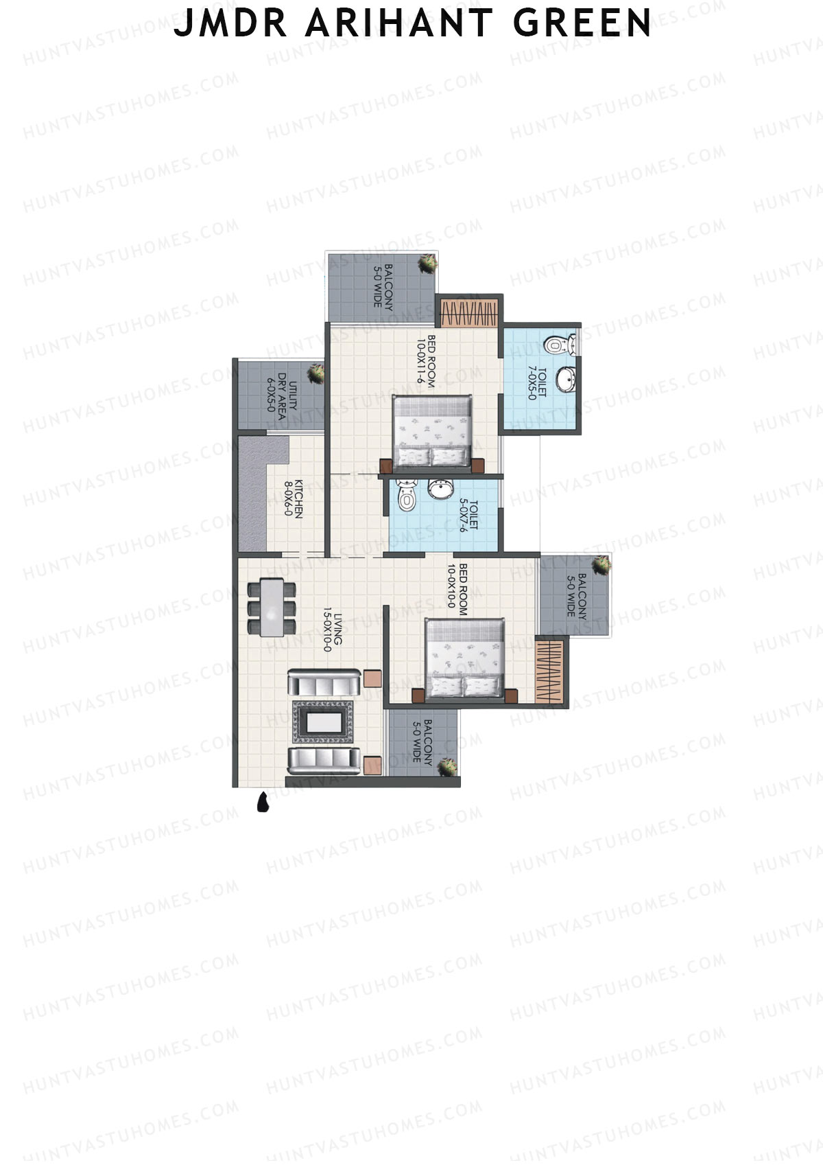 JMDR Arihant Green, Tower A, Unit 8 (Type 2), 2BHK, Super Area 935   sq ft 