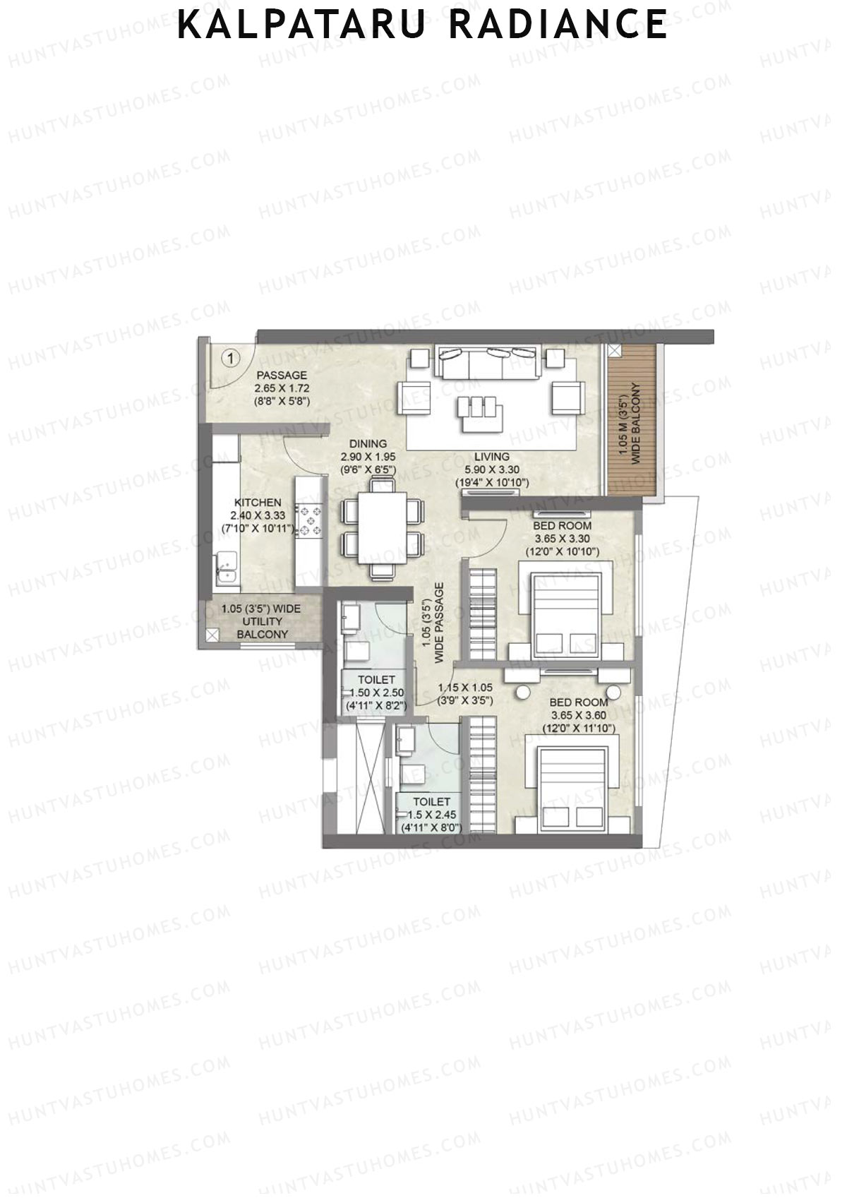 Kalpataru Radiance, Ora Wing A, Unit 1, 2BHK, Carpet Area 849   sq ft 