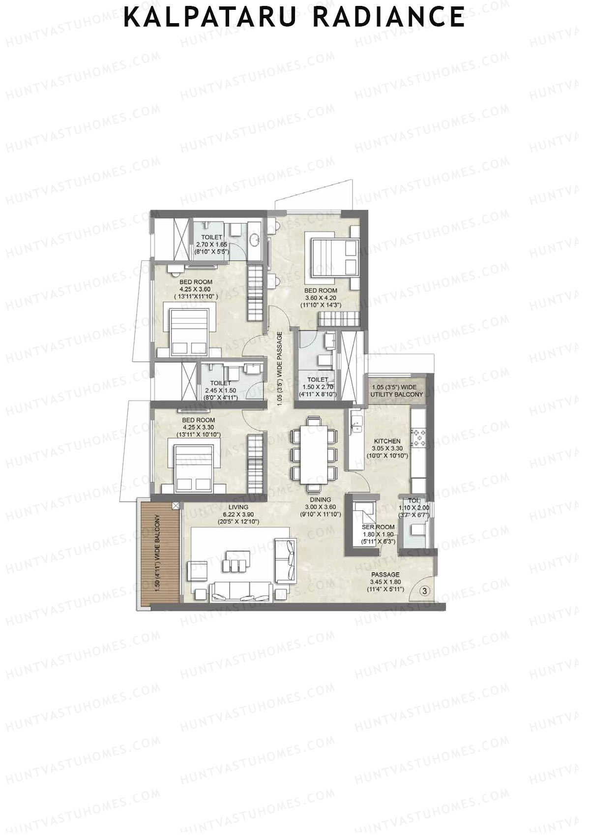 Kalpataru Radiance, Ora Wing A, Unit 3, 3BHK, Carpet Area 1360   sq ft 
