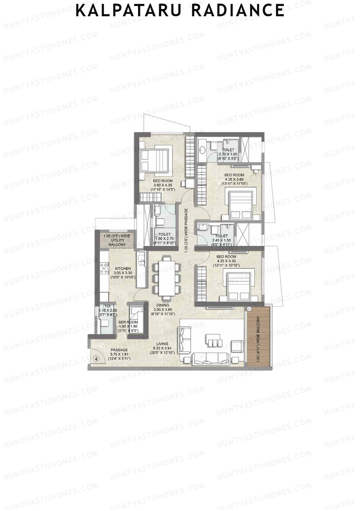 Kalpataru Radiance, Ora Wing A, Unit 4, 3BHK, Carpet Area 1363   sq ft 