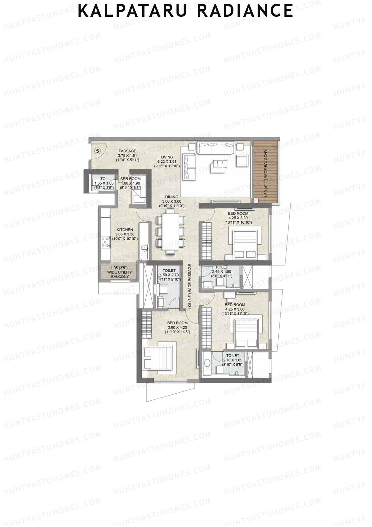 Kalpataru Radiance, Ora Wing A, Unit 5, 3BHK, Carpet Area 1371   sq ft 