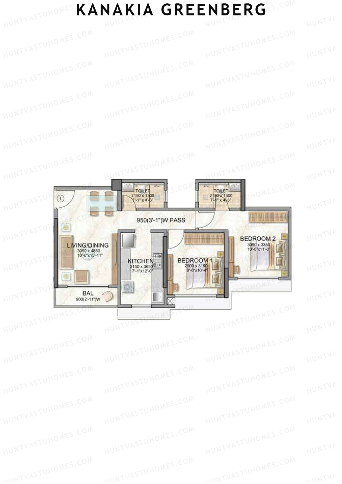 Kanakia Greenberg, Wing A, Unit 1 (Type OAK), 2BHK, Carpet Area 641   sq ft 