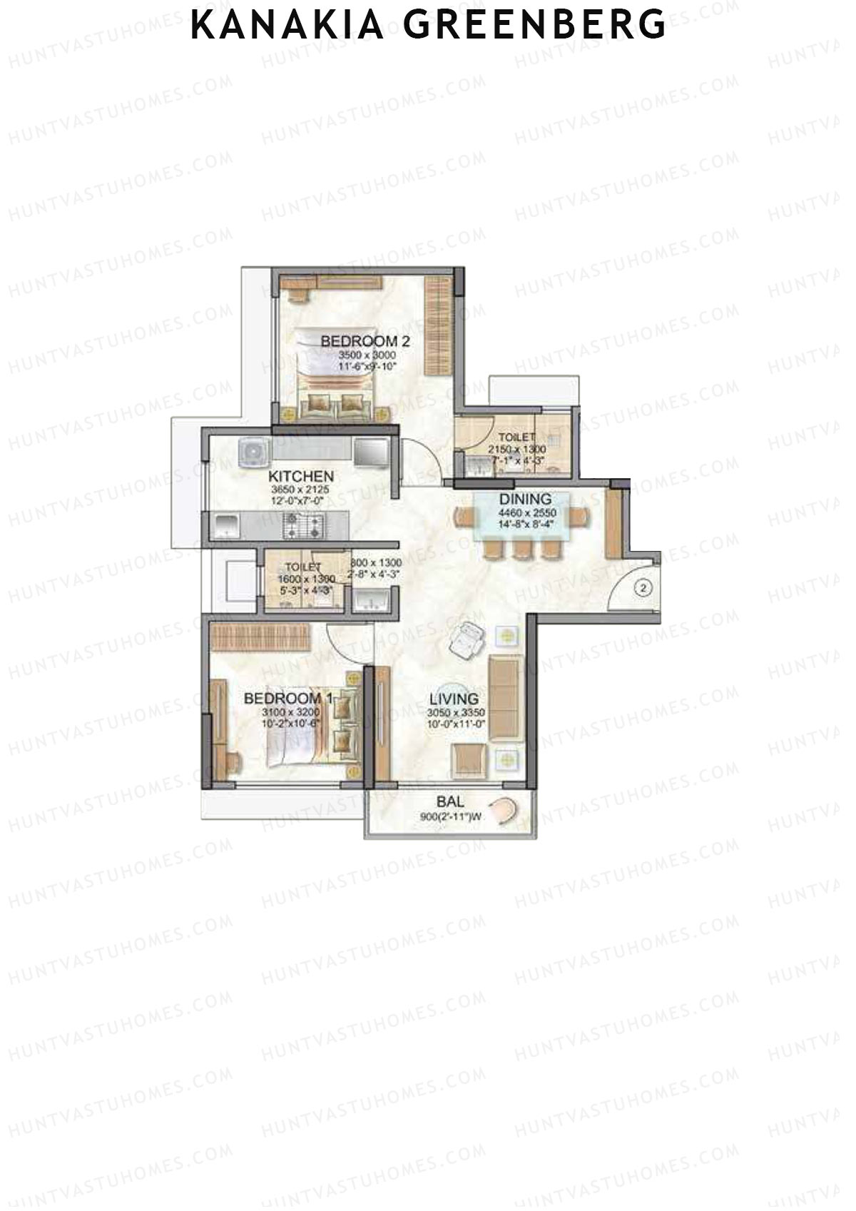Kanakia Greenberg, Wing A, Unit 2 (Type MAPLE), 2BHK, Carpet Area 690   sq ft 