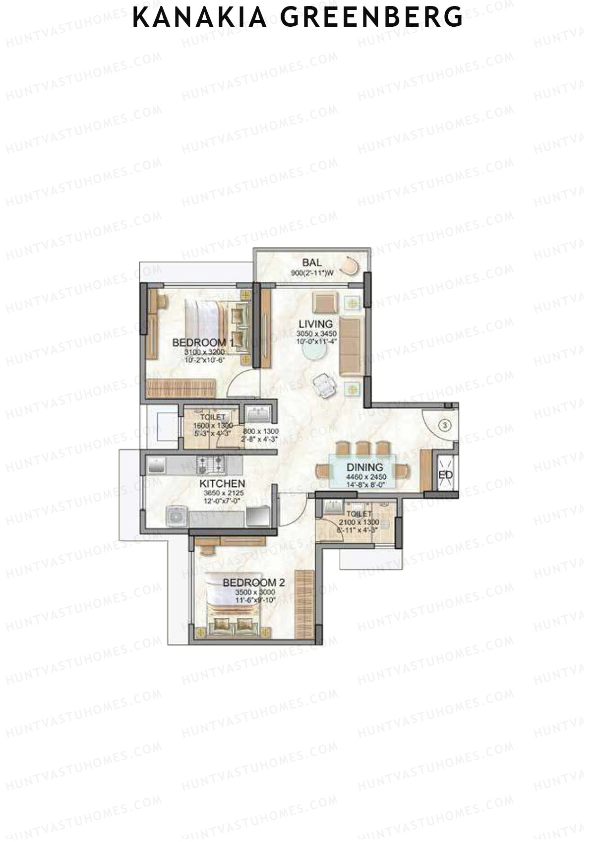 Kanakia Greenberg, Wing A, Unit 3 (Type PINE), 2BHK, Carpet Area 688   sq ft 