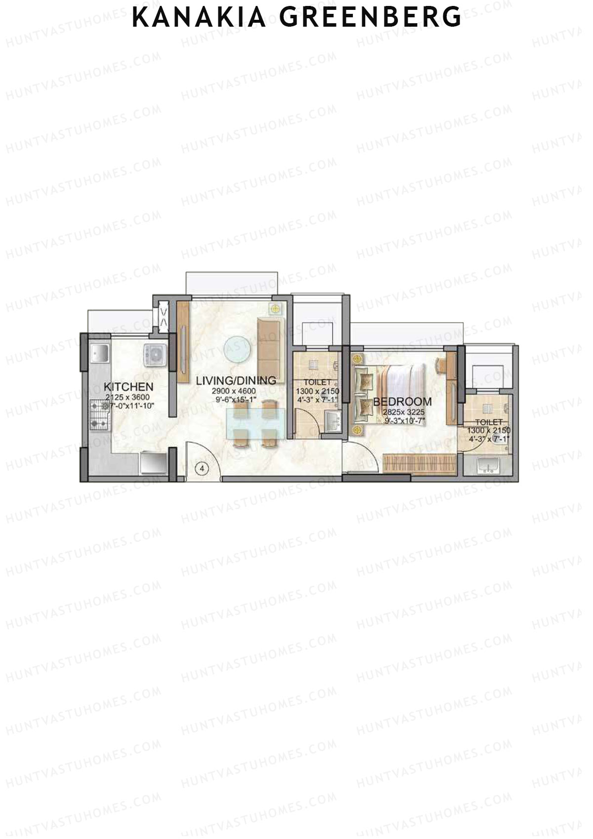 Kanakia Greenberg, Wing A, Unit 4 (Type JADE), 1BHK, Carpet Area 427   sq ft 