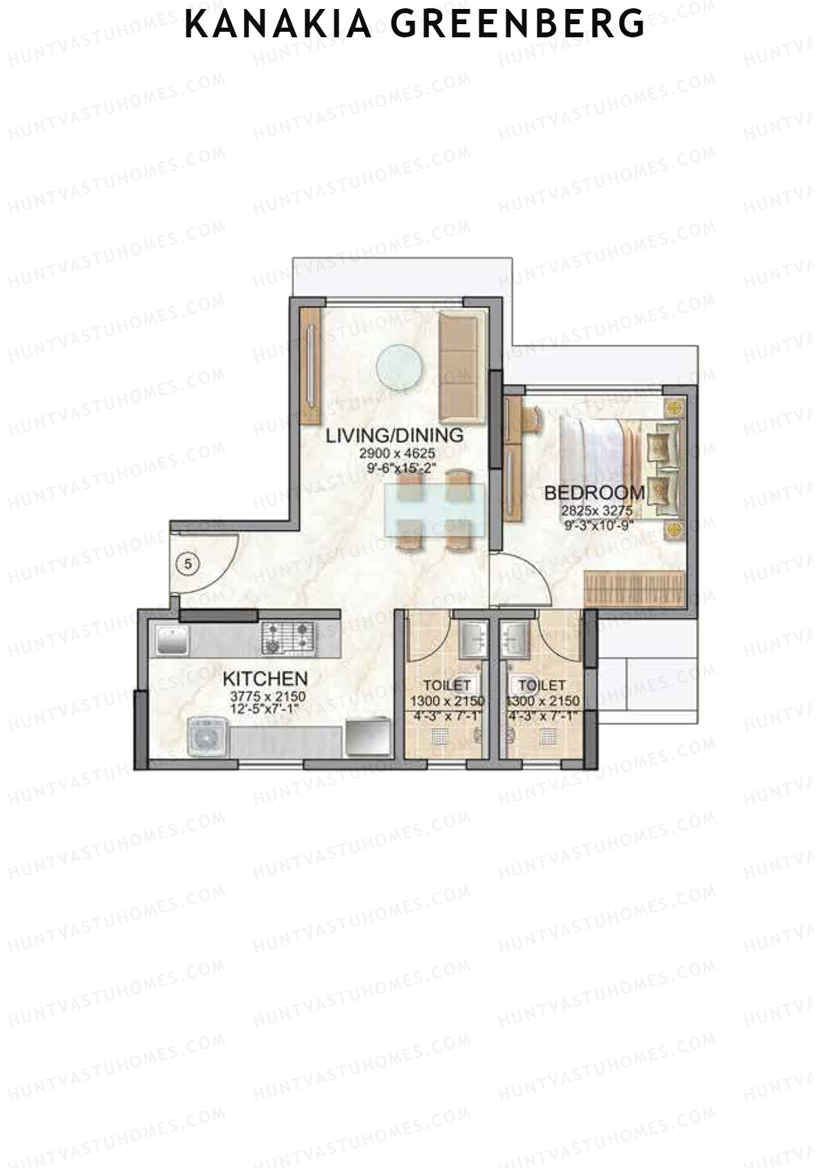 Kanakia Greenberg, Wing A, Unit 5 (Type IVY), 1BHK, Carpet Area 441   sq ft 