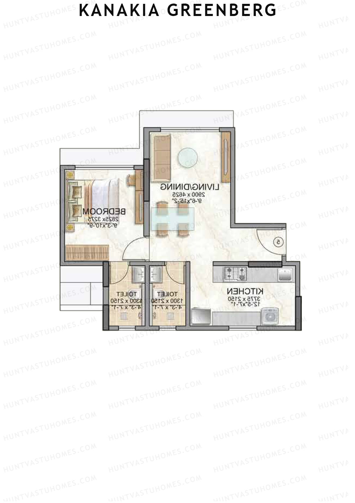 Kanakia Greenberg, Wing B, Unit 1 (Type IVY), 1BHK, Carpet Area 441   sq ft 