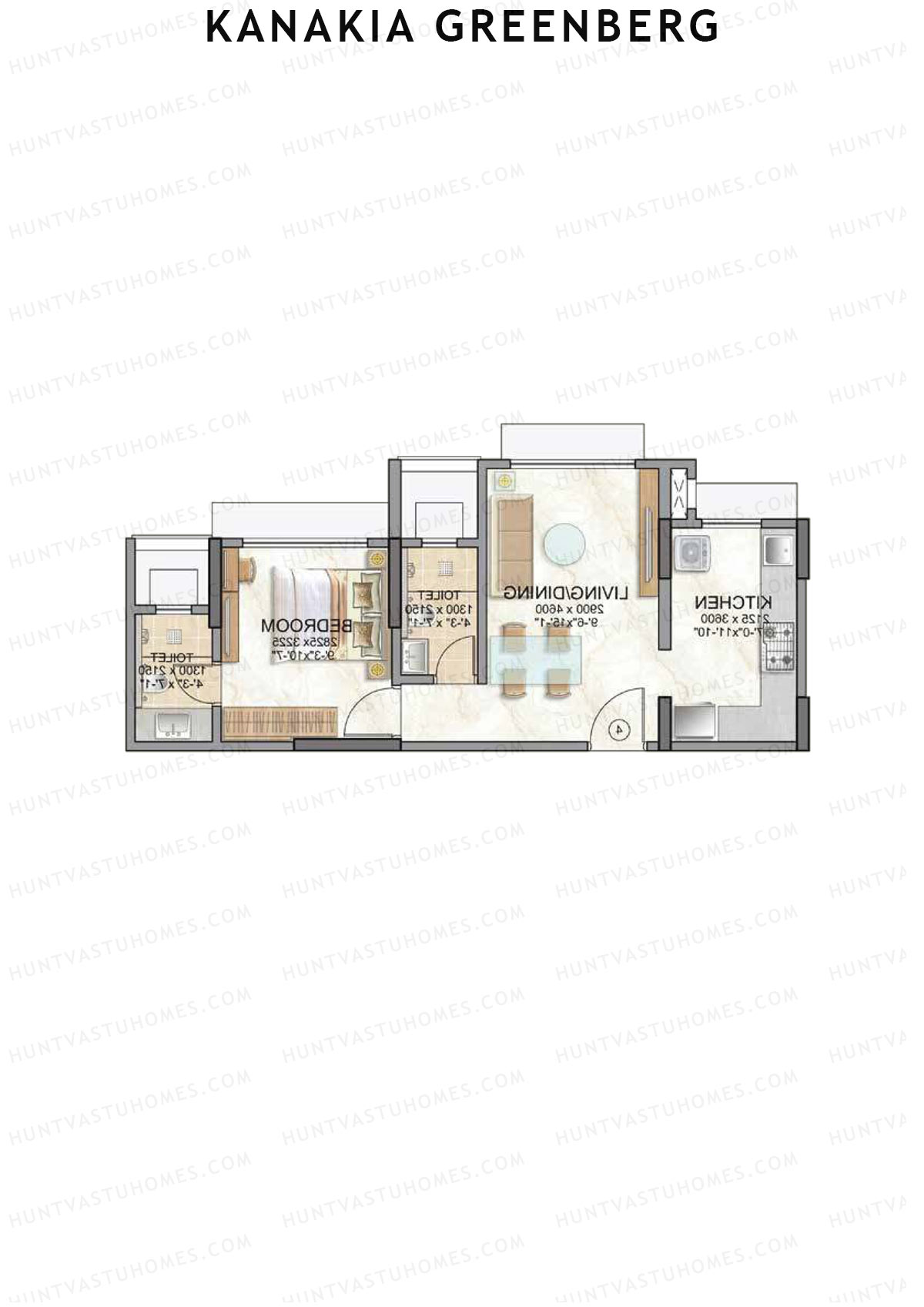 Kanakia Greenberg, Wing B, Unit 2 (Type JADE), 1BHK, Carpet Area 427   sq ft 