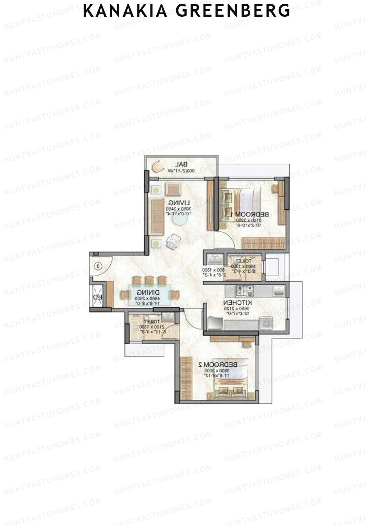 Kanakia Greenberg, Wing B, Unit 3 (Type PINE), 2BHK, Carpet Area 688   sq ft 