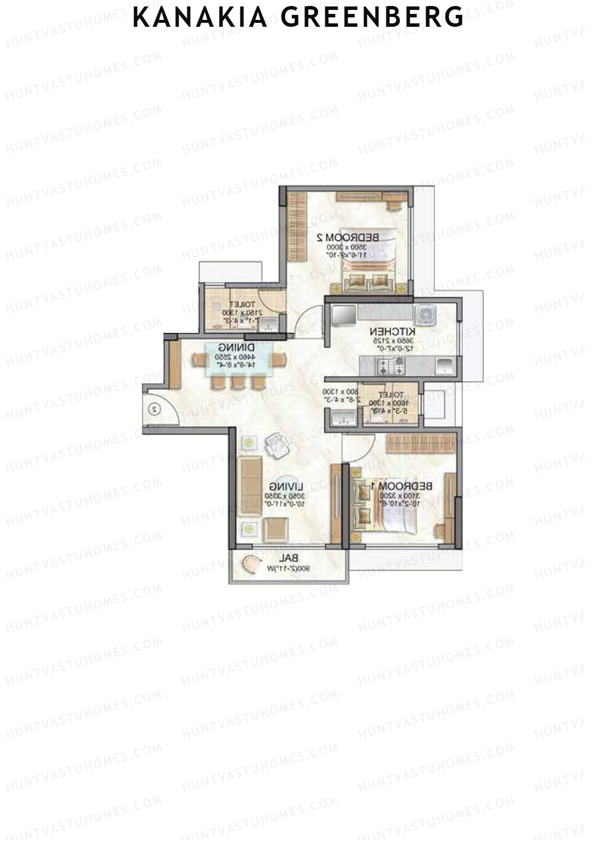 Kanakia Greenberg, Wing B, Unit 4 (Type MAPLE), 2BHK, Carpet Area 690   sq ft 