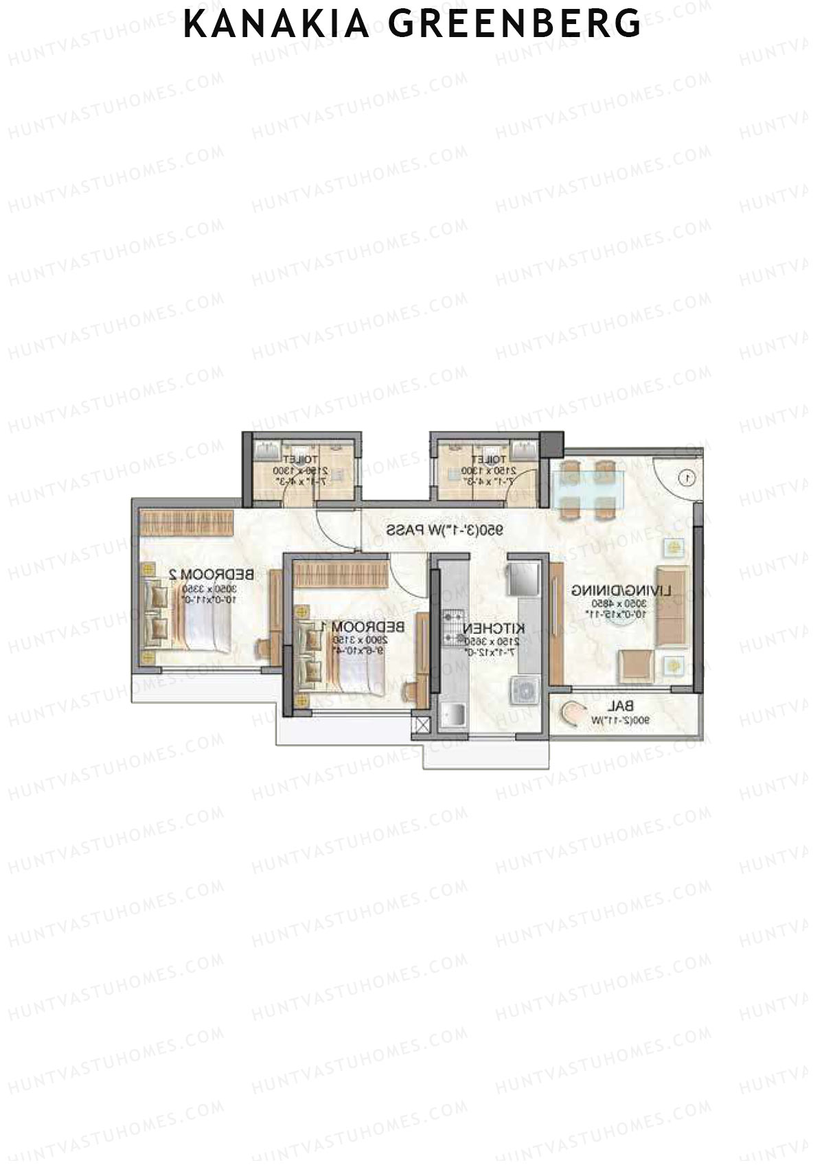 Kanakia Greenberg, Wing B, Unit 5 (Type OAK), 2BHK, Carpet Area 641   sq ft 