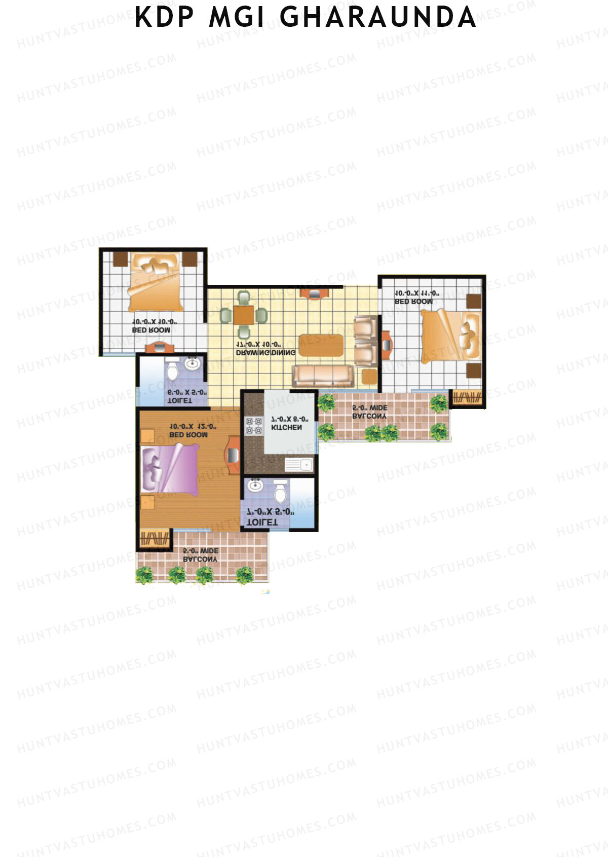 KDP MGI Gharaunda, Block D, Unit 7 (Type 1), 3BHK, Super Area 1100   sq ft 