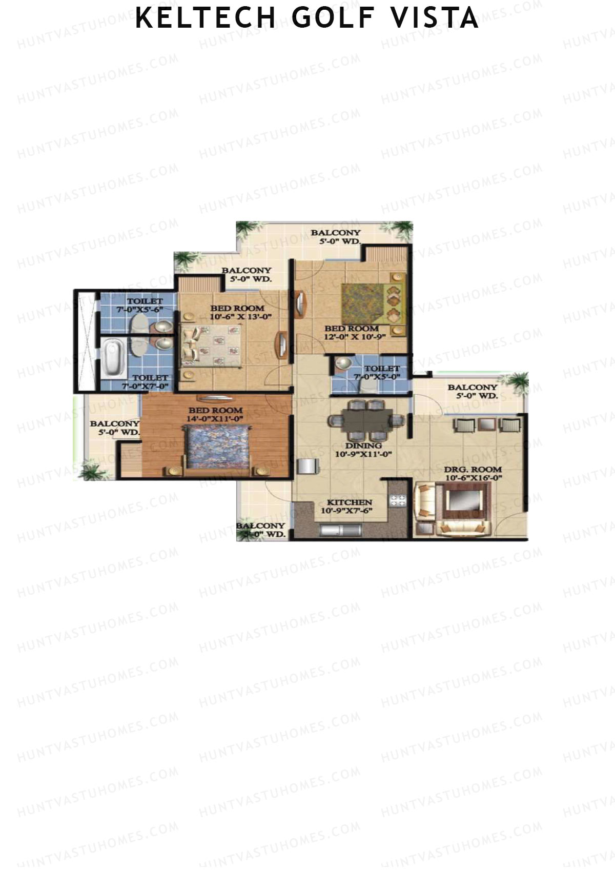 Keltech Golf Vista, Golf Greens, Unit 1, 3BHK, Super Area 1725   sq ft 
