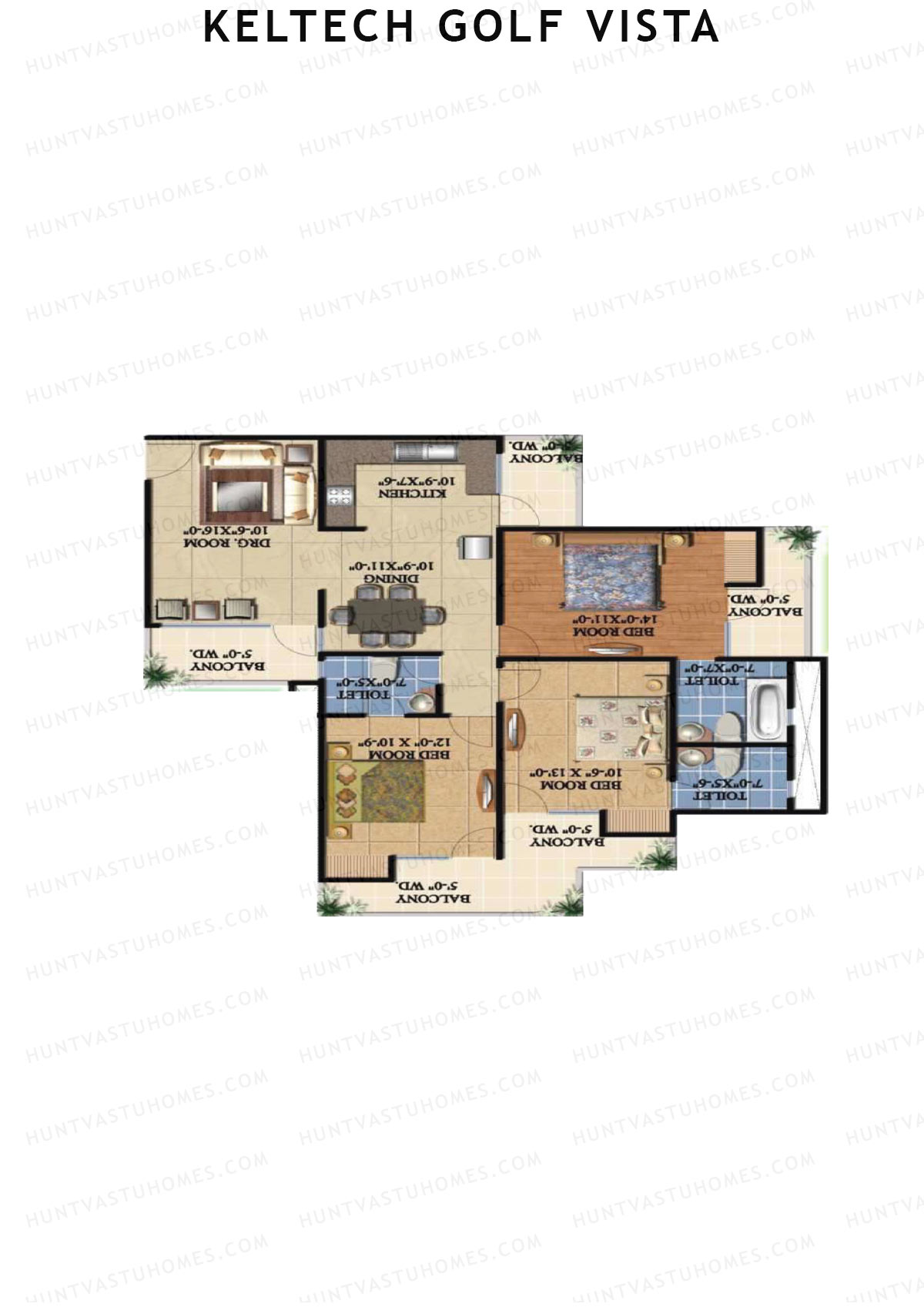 Keltech Golf Vista, Golf Greens, Unit 3, 3BHK, Super Area 1725   sq ft 