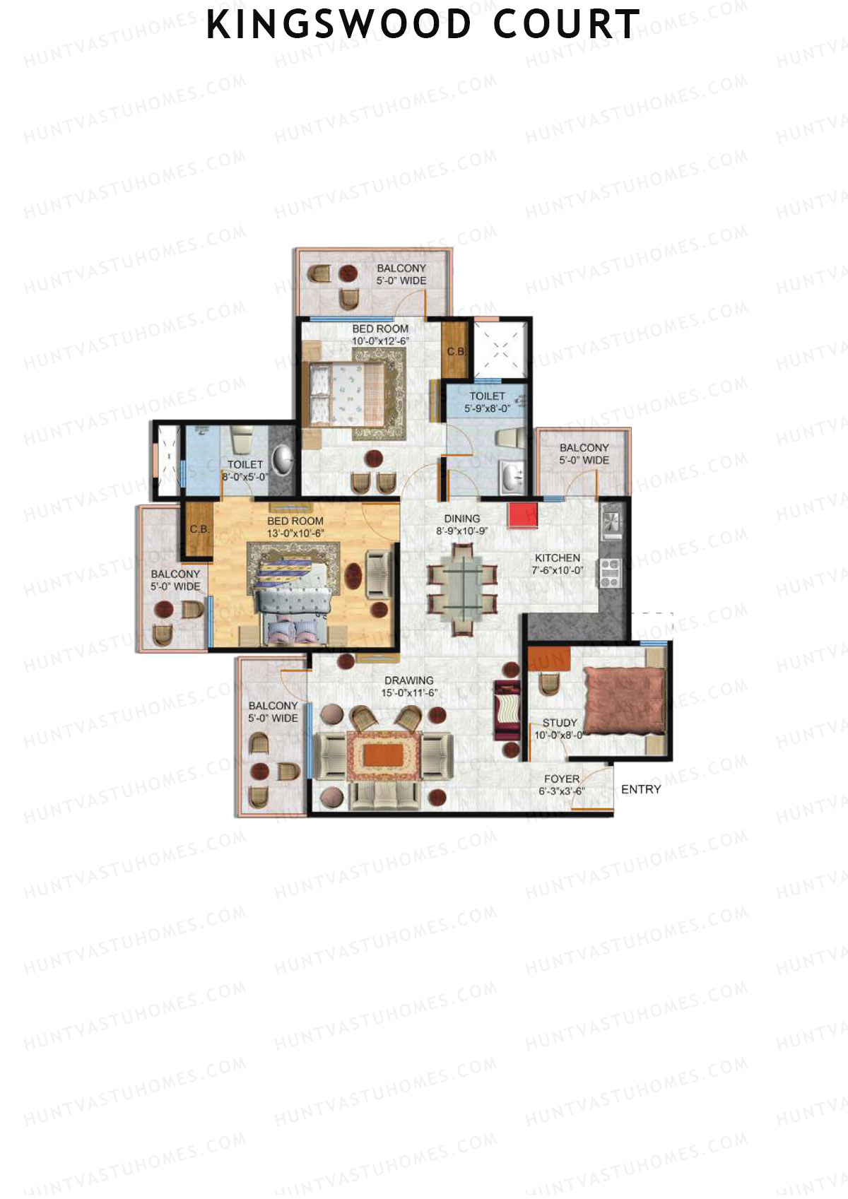 Kingswood Court, Tower A, Unit 1 (Type 1), 2BHK, Super Area 1400   sq ft 
