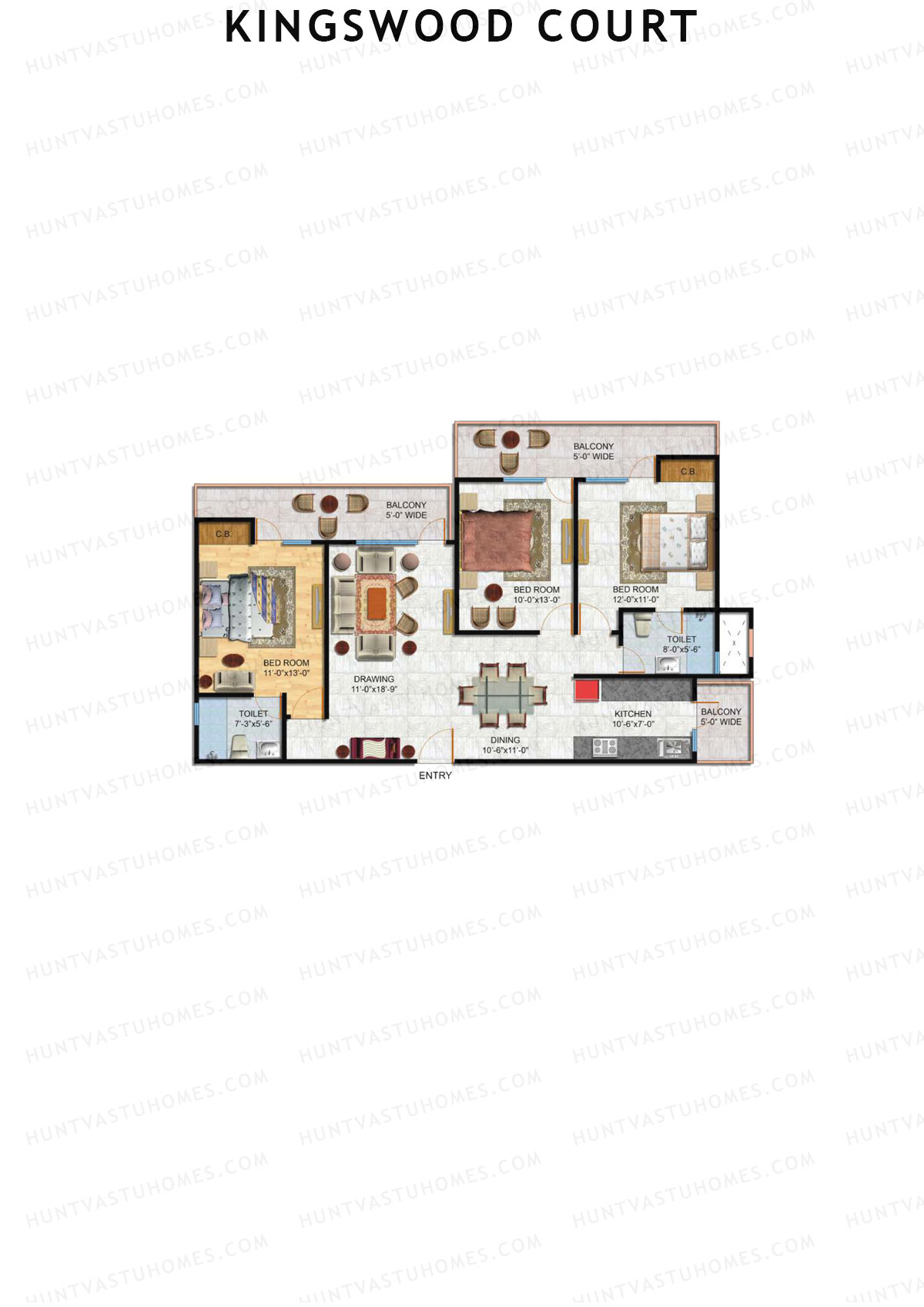 Kingswood Court, Tower A, Unit 2 (Type 2), 3BHK, Super Area 1785   sq ft 