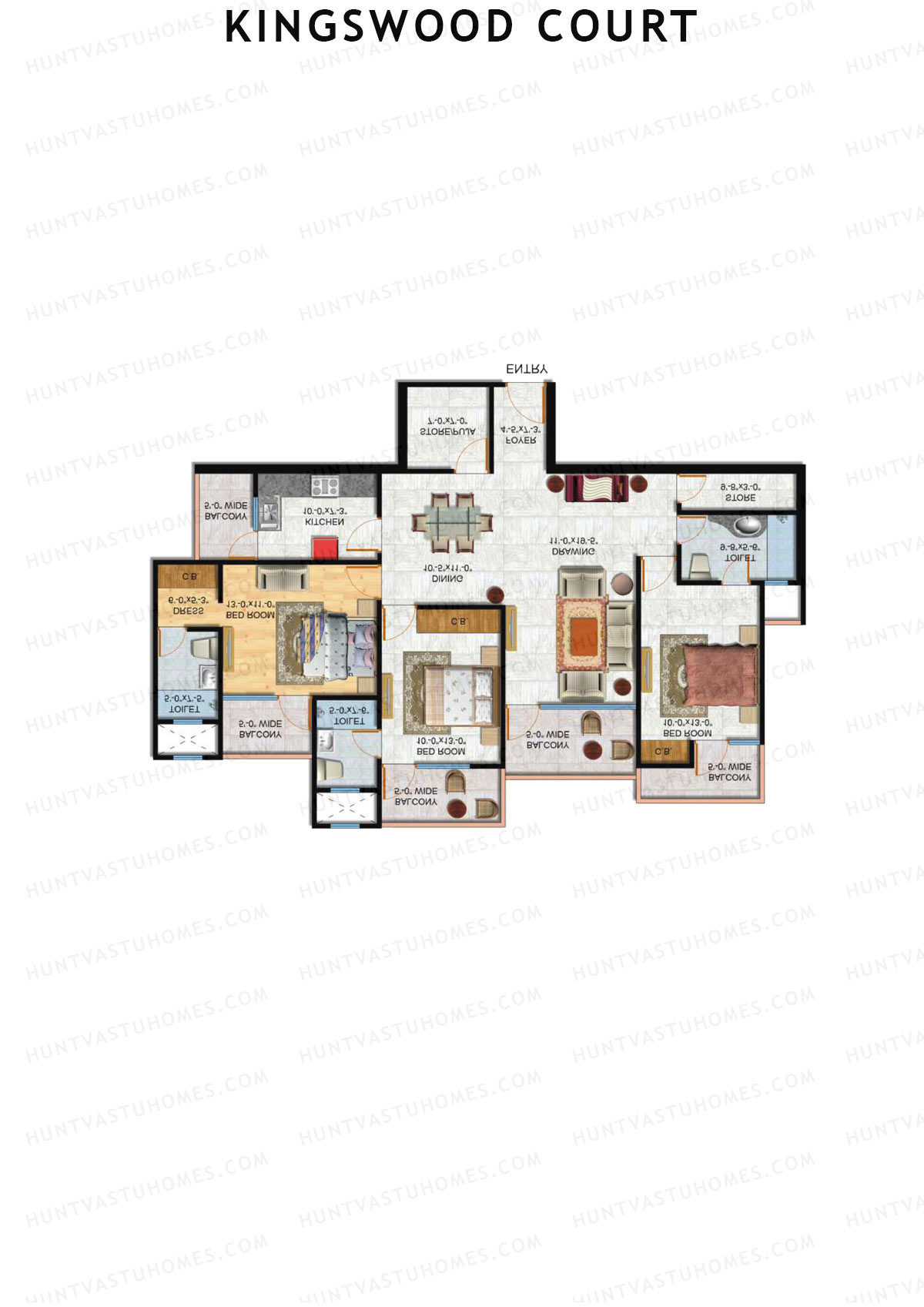 Kingswood Court, Tower A, Unit 3 (Type 3), 3BHK, Super Area 1898   sq ft 