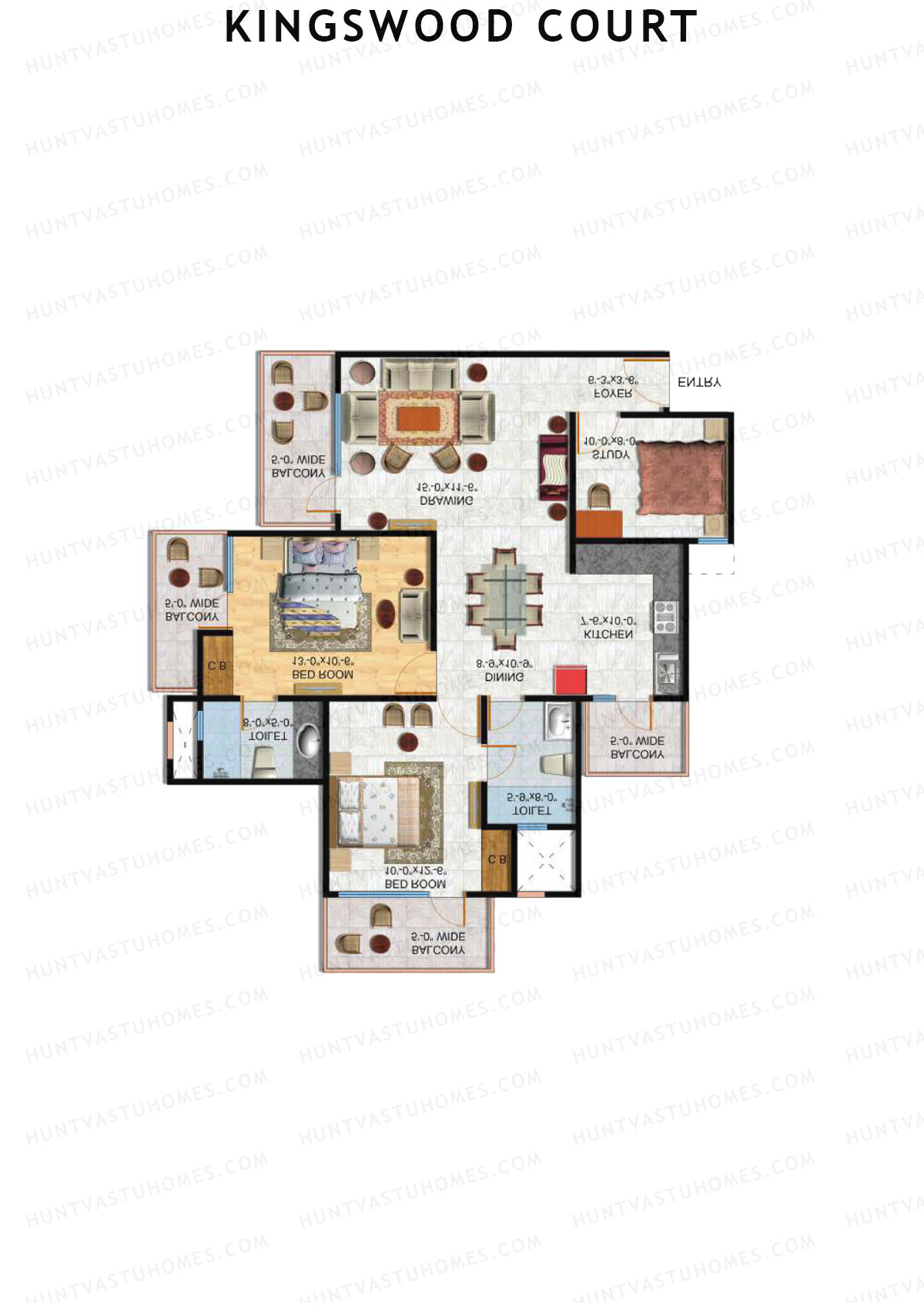 Kingswood Court, Tower A, Unit 4 (Type 1), 2BHK, Super Area 1400   sq ft 
