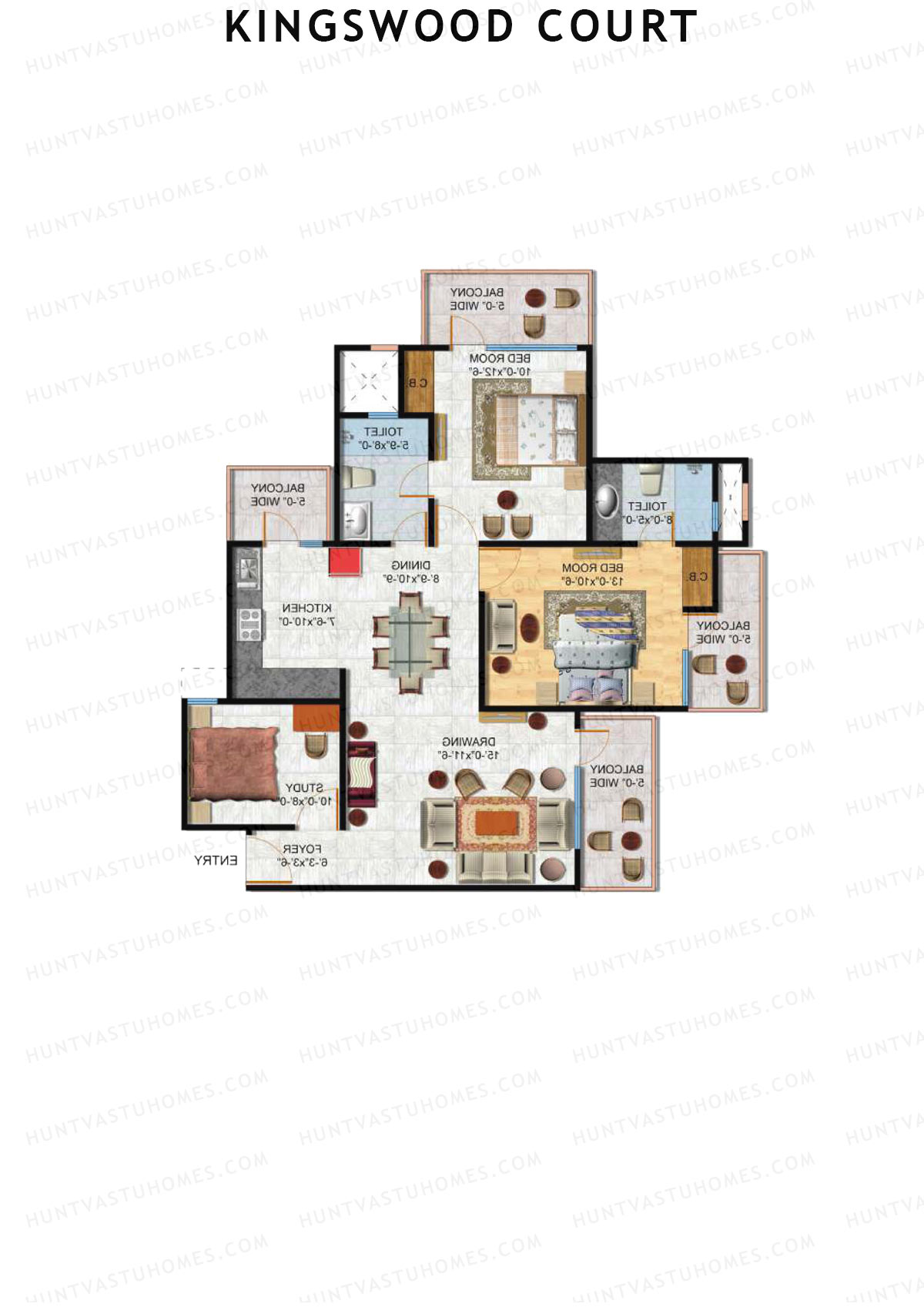 Kingswood Court, Tower B, Unit 2 (Type 1), 2BHK, Super Area 1400   sq ft 