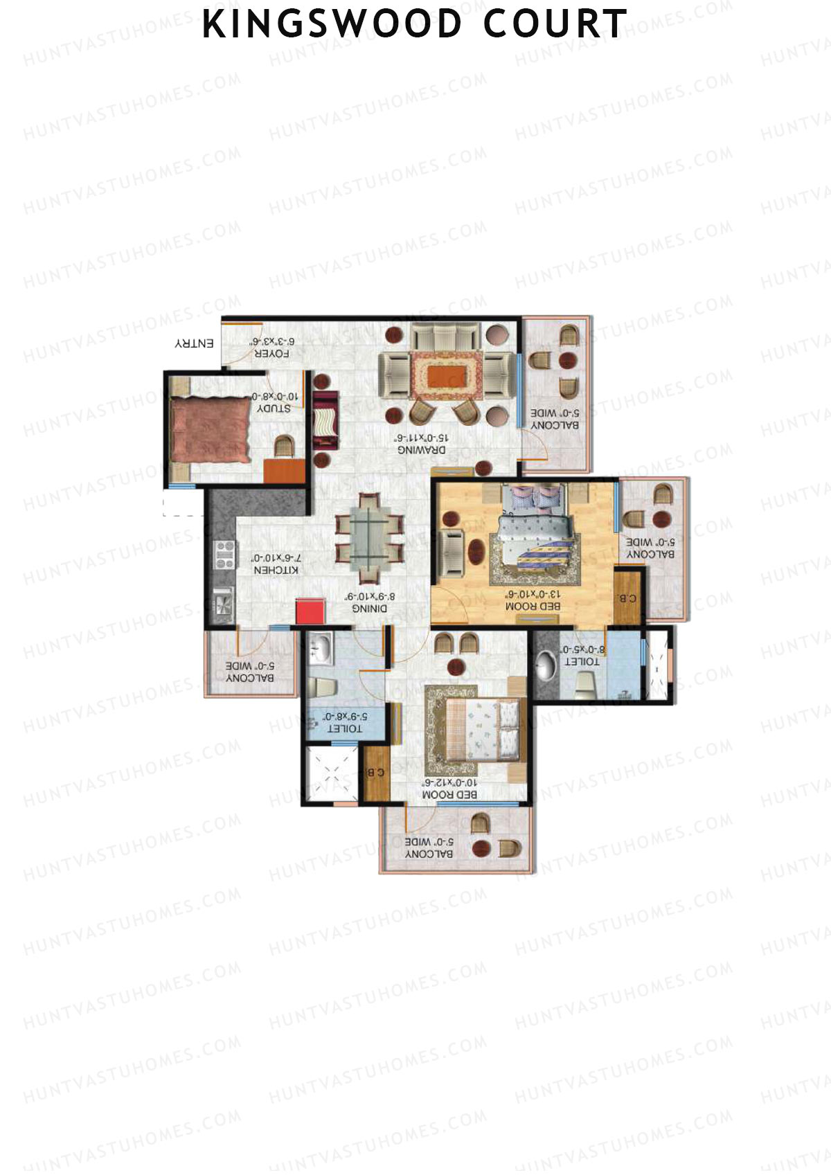 Kingswood Court, Tower B, Unit 3 (Type 1), 2BHK, Super Area 1400   sq ft 