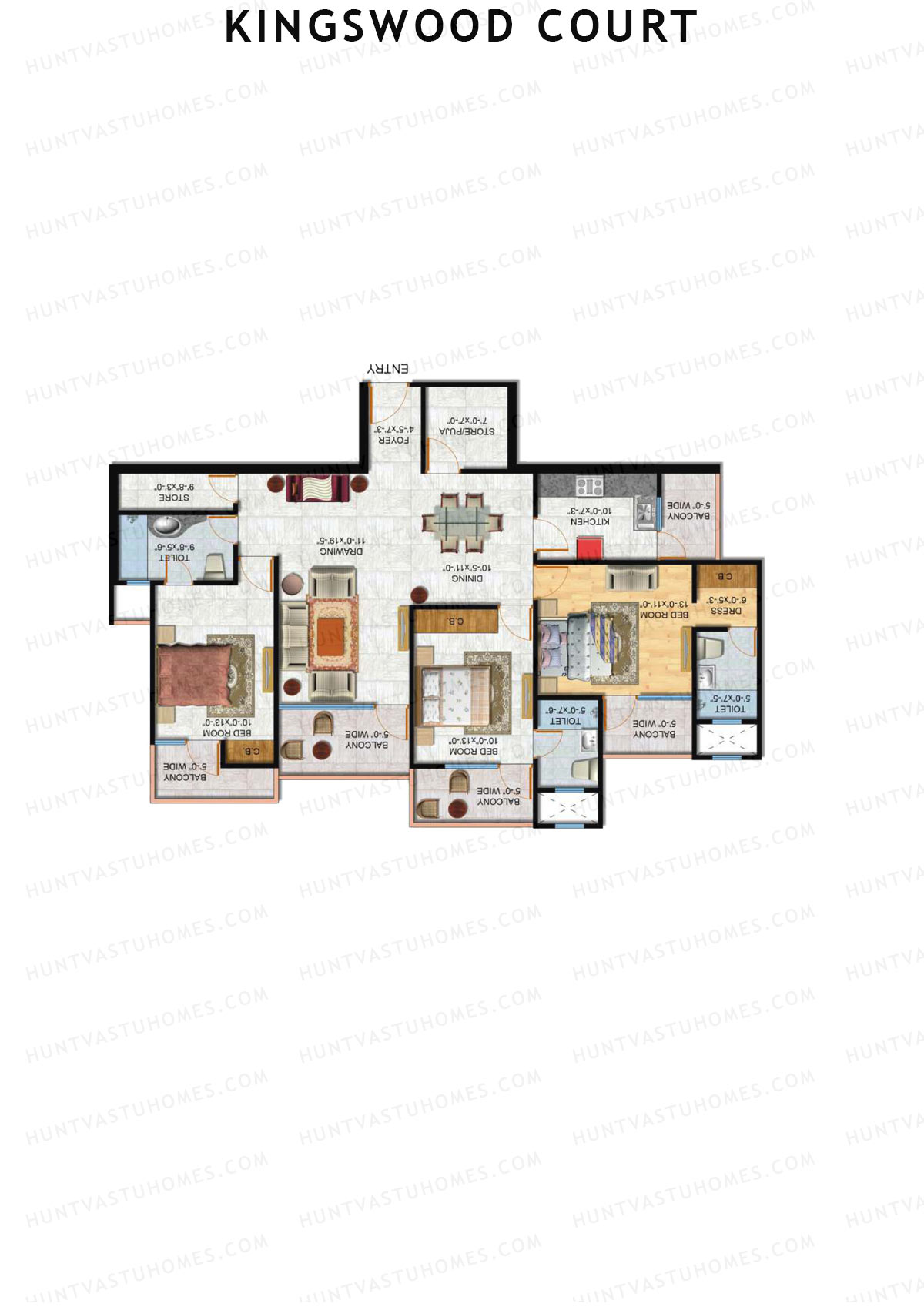 Kingswood Court, Tower B, Unit 4 (Type 3), 3BHK, Super Area 1898   sq ft 