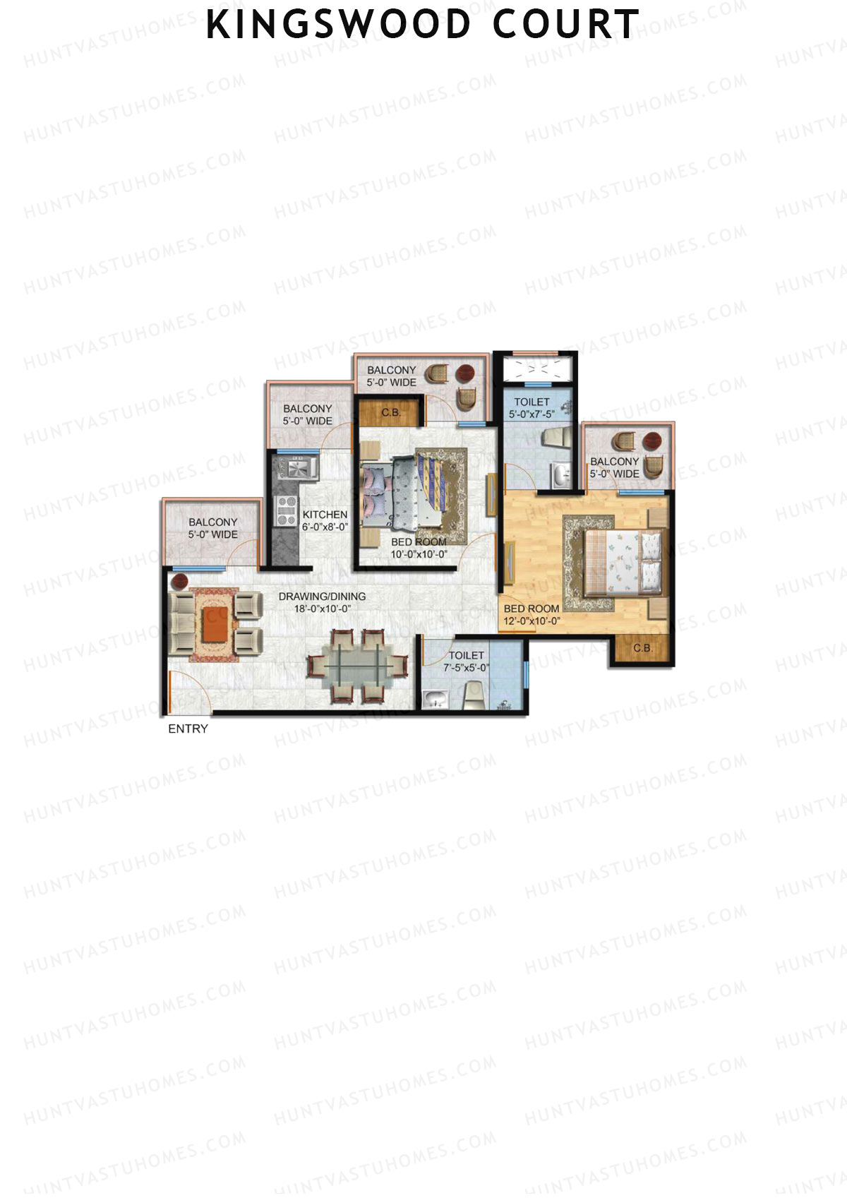 Kingswood Court, Tower C, Unit 2 (Type 4), 2BHK, Super Area 1055   sq ft 
