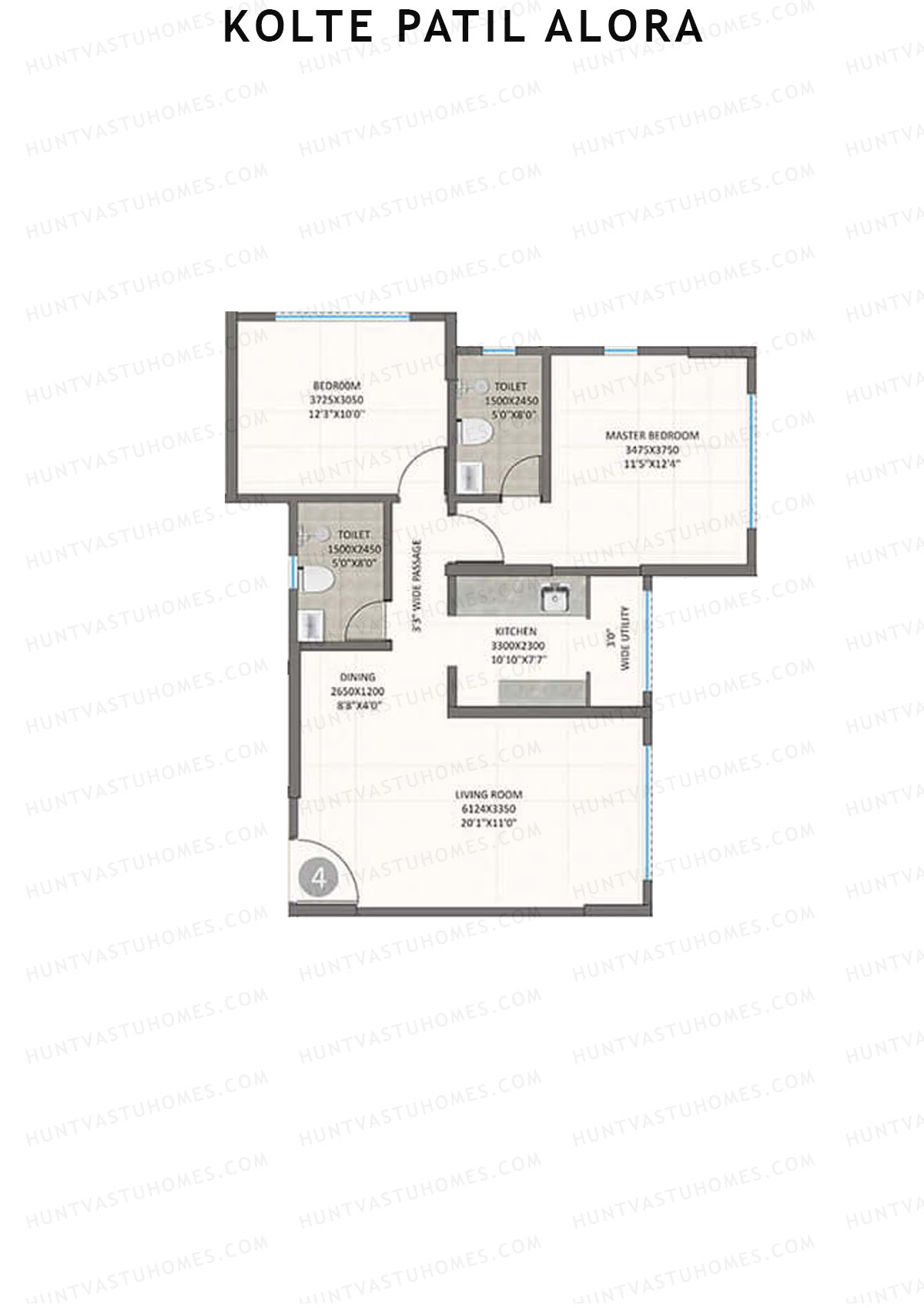 Kolte Patil Alora, Wing A, Unit 4, 2BHK, Carpet Area 778   sq ft 
