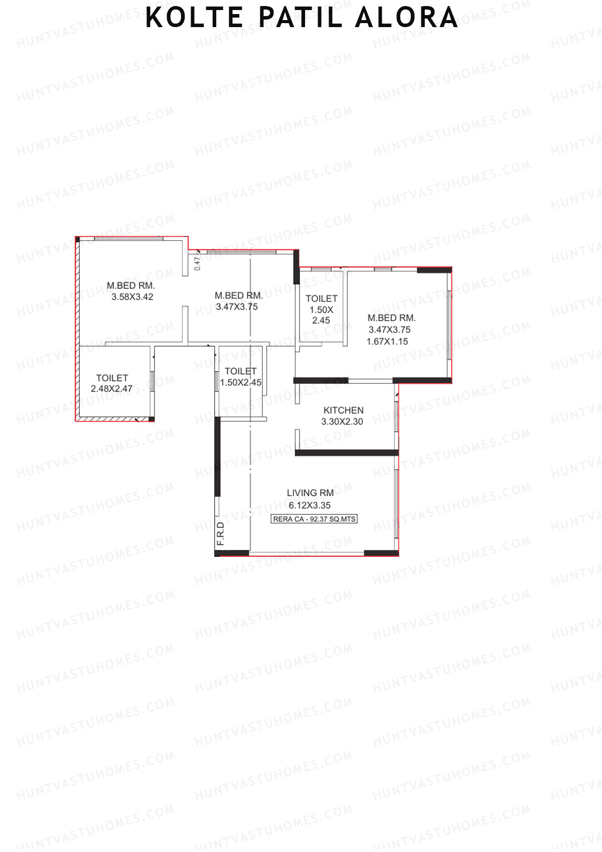 Kolte Patil Alora, Wing A, Unit 4, 3BHK, Carpet Area 994   sq ft 