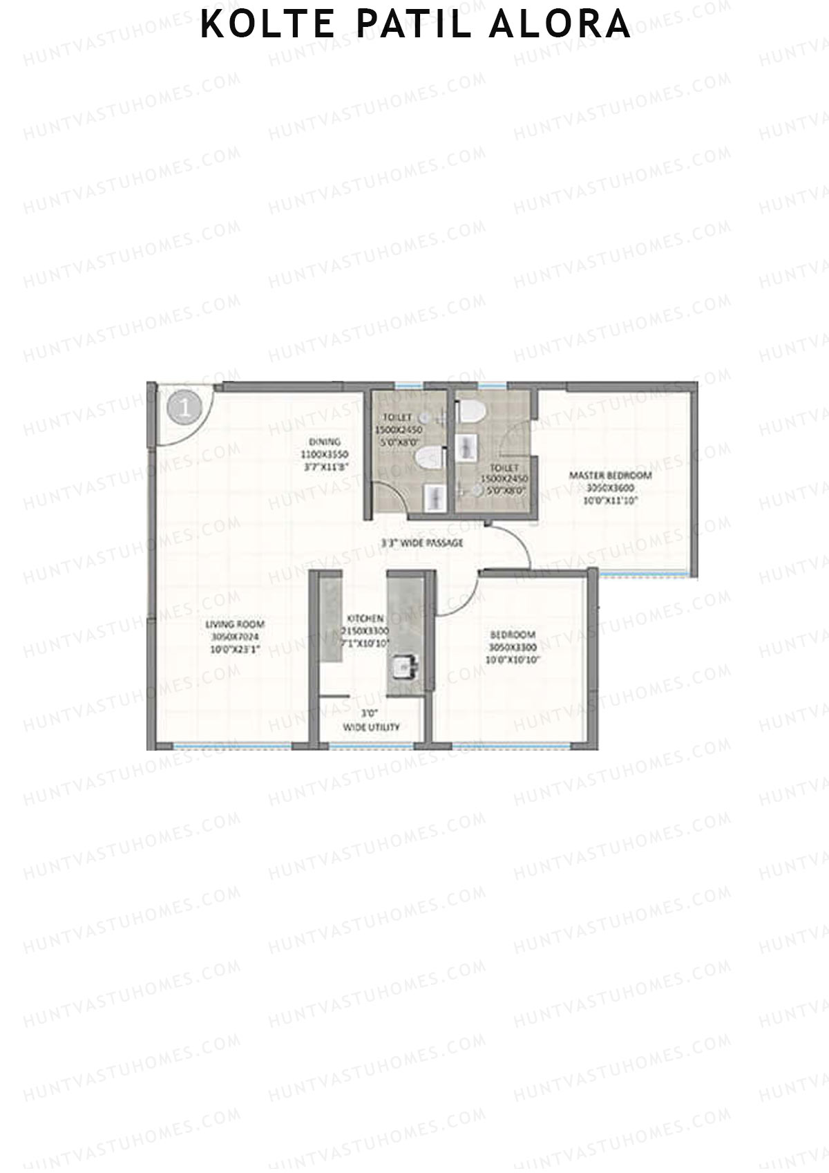 Kolte Patil Alora, Wing B, Unit 1, 2BHK, Carpet Area 743   sq ft 