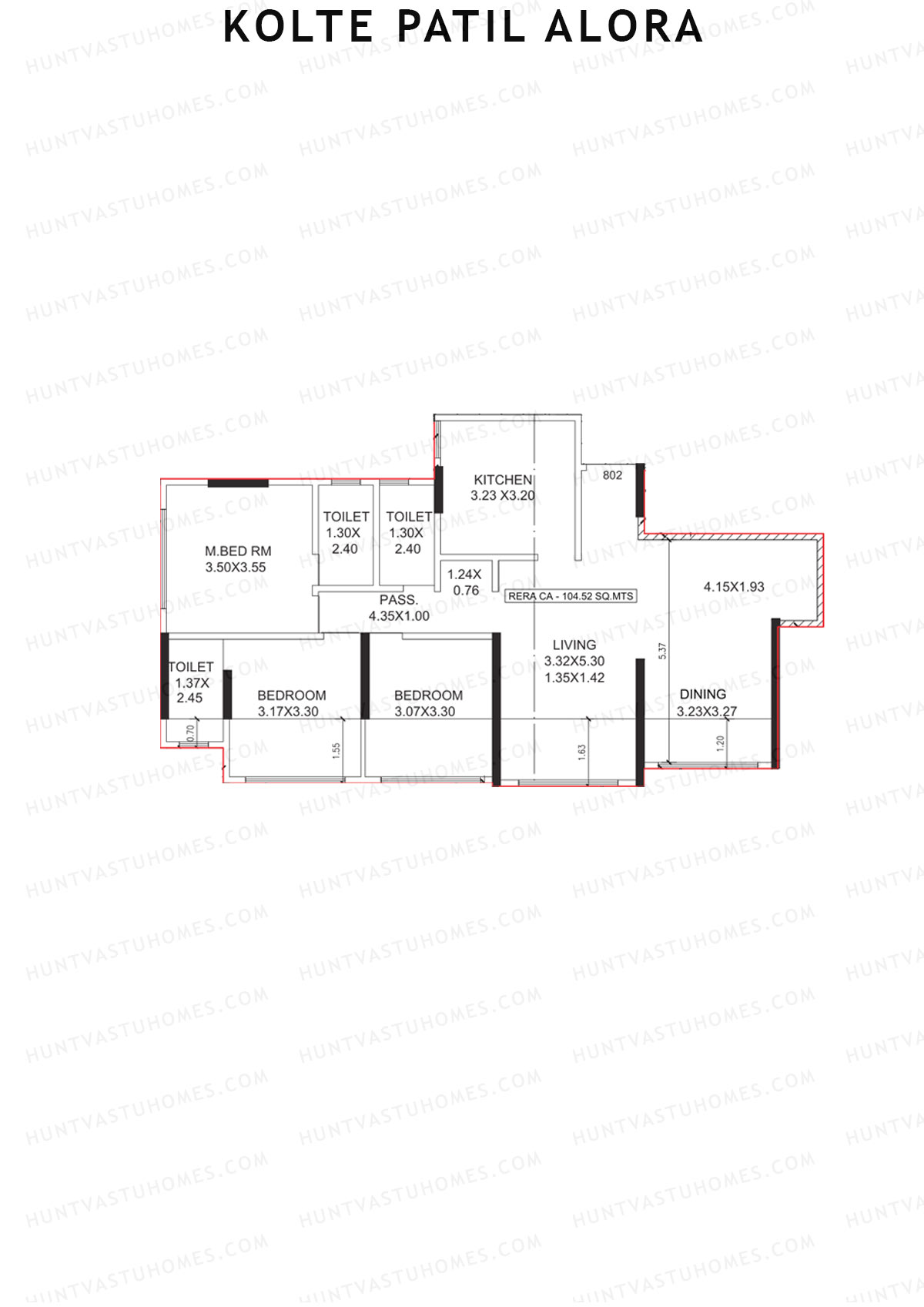 Kolte Patil Alora, Wing B, Unit 2, 3BHK, Carpet Area 1125   sq ft 