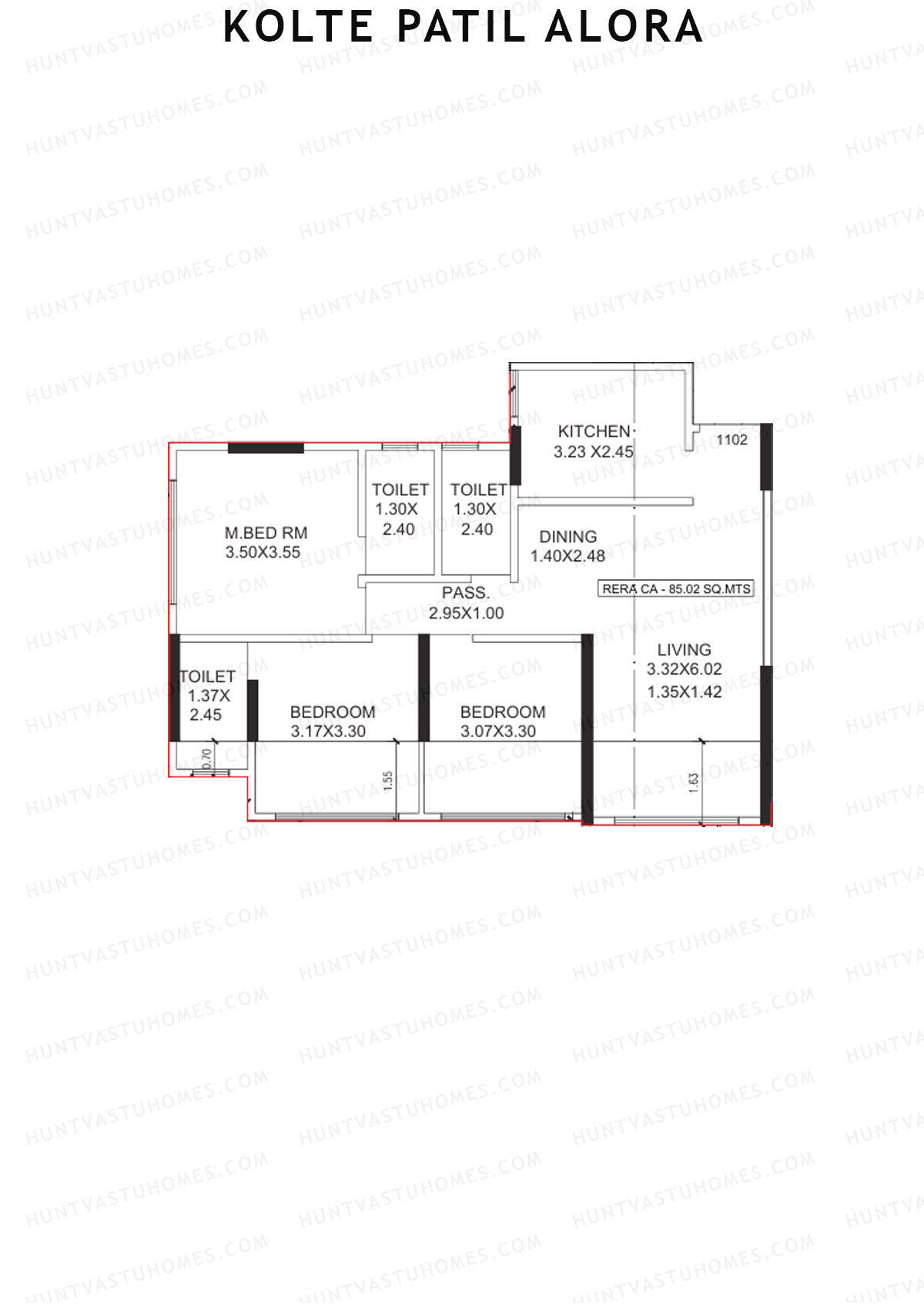 Kolte Patil Alora, Wing B, Unit 2, 3BHK, Carpet Area 915   sq ft 
