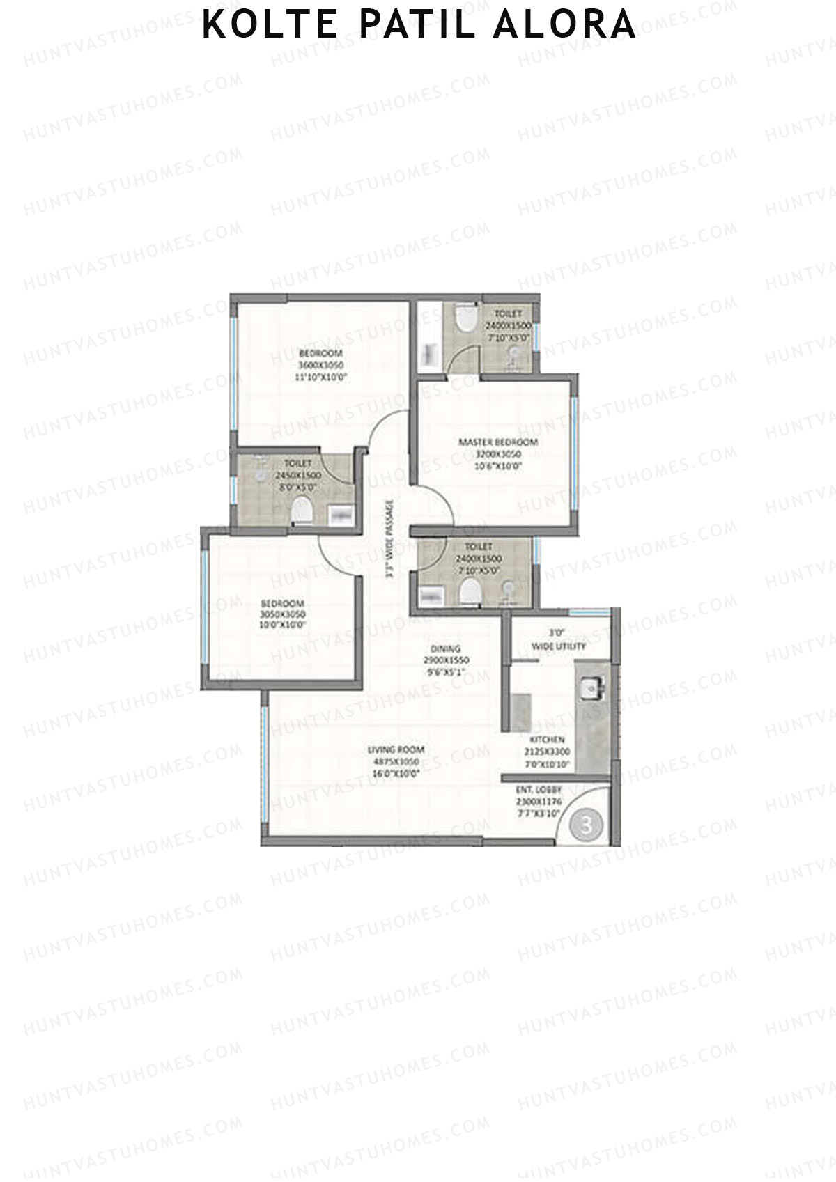 Kolte Patil Alora, Wing B, Unit 3, 3BHK, Carpet Area 860   sq ft 