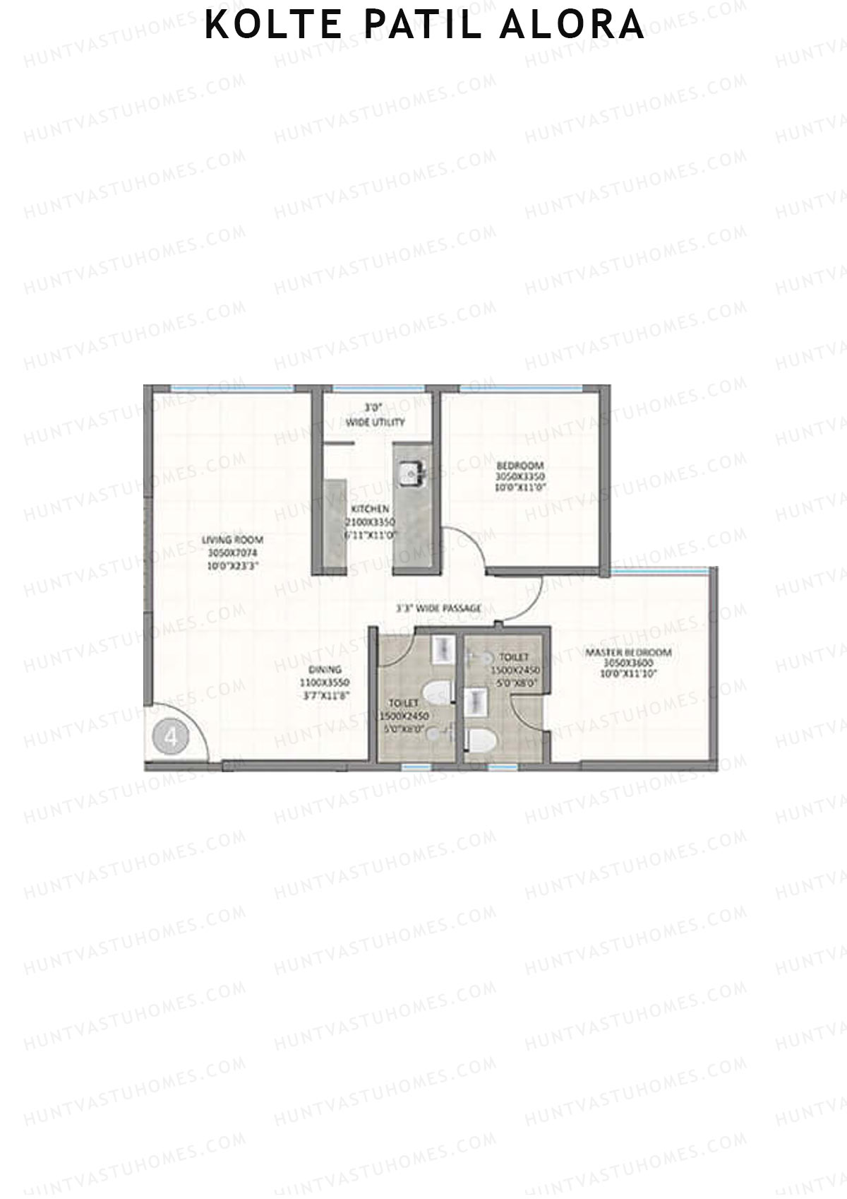 Kolte Patil Alora, Wing B, Unit 4, 2BHK, Carpet Area 744   sq ft 