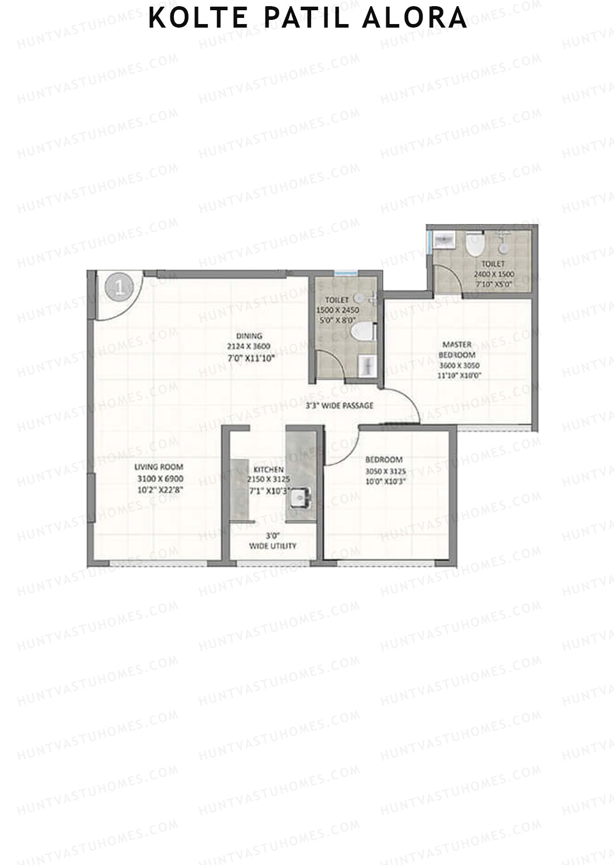 Kolte Patil Alora, Wing C, Unit 1, 2BHK, Carpet Area 749   sq ft 