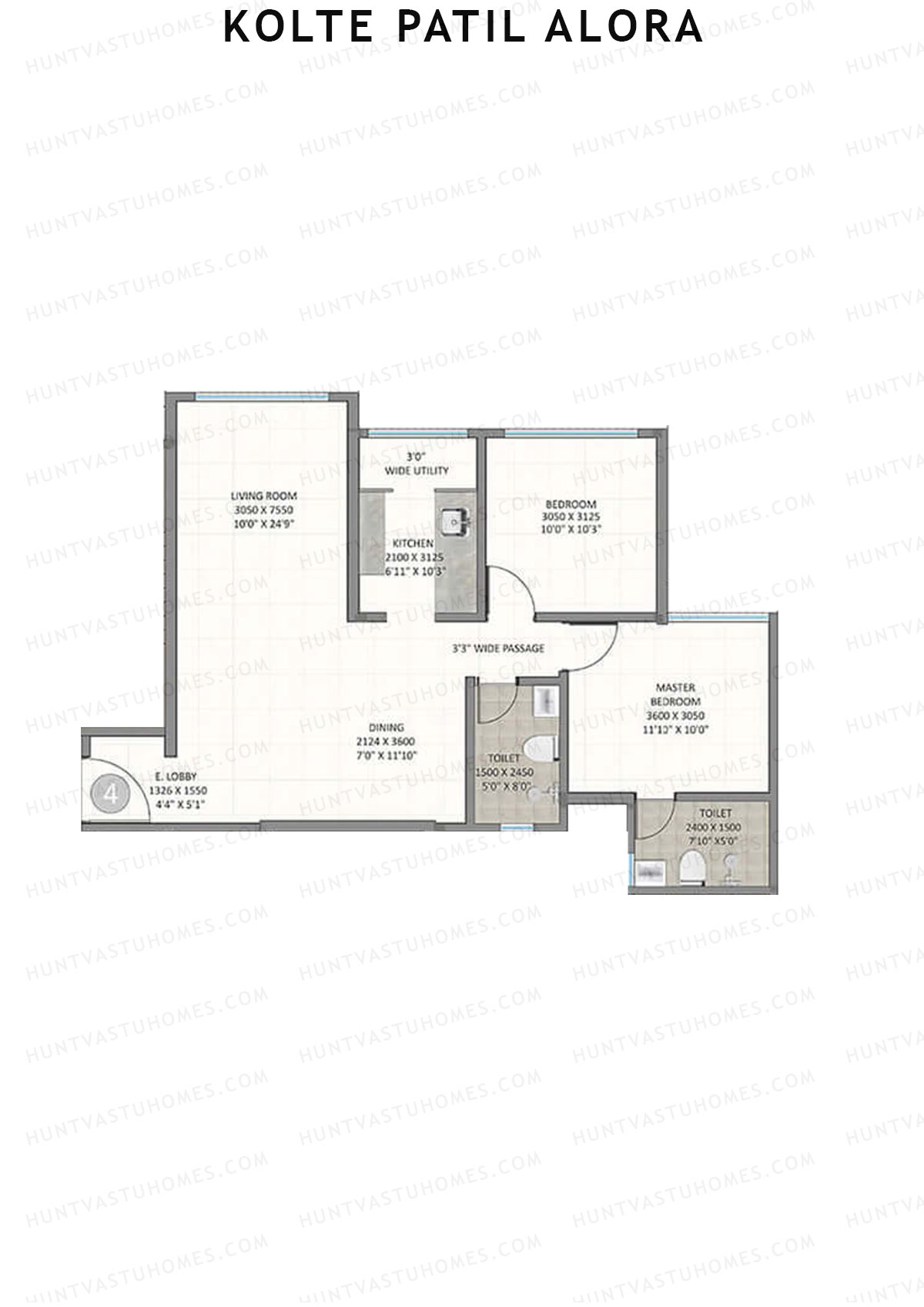 Kolte Patil Alora, Wing C, Unit 4, 2BHK, Carpet Area 791   sq ft 