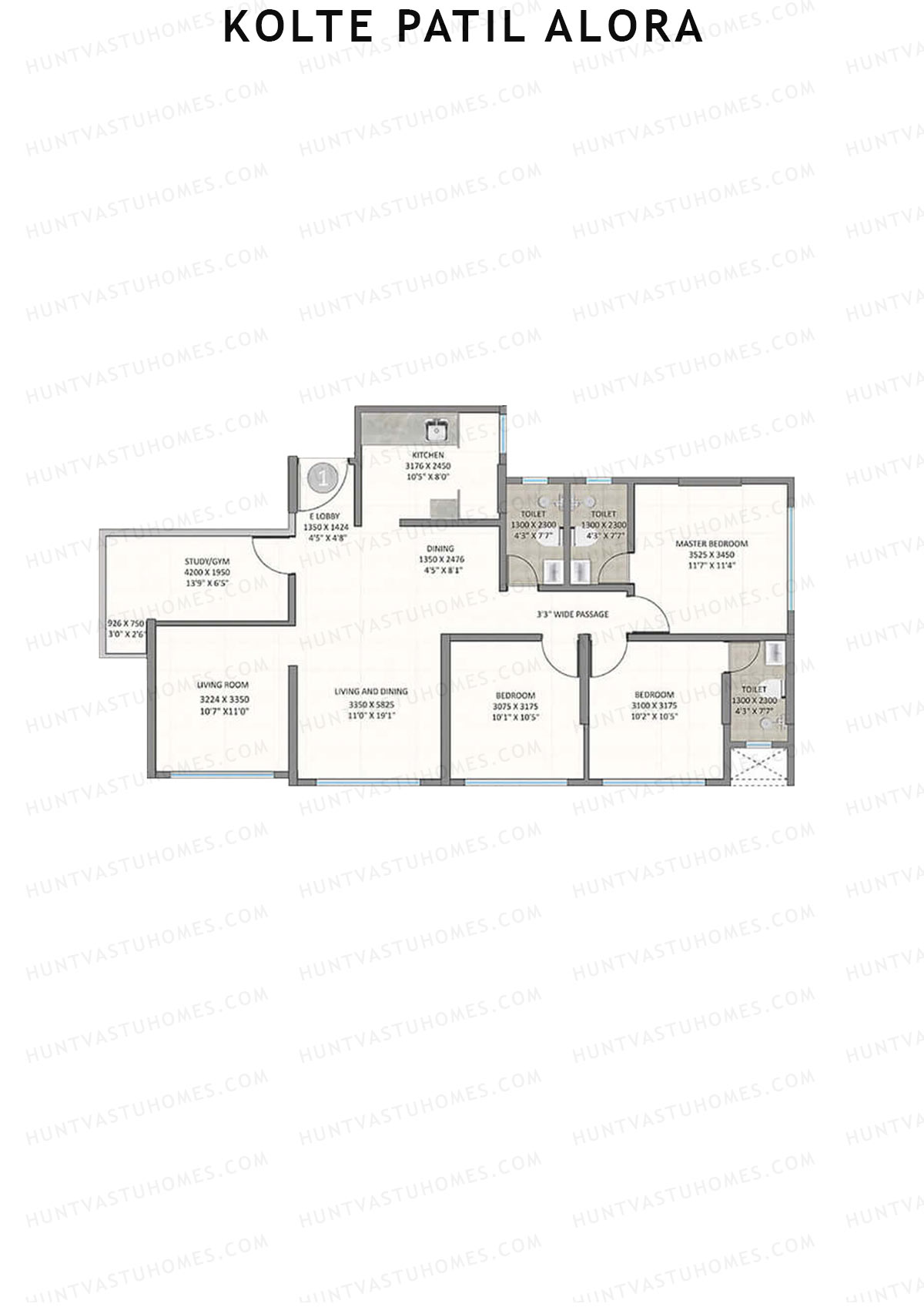 Kolte Patil Alora, Wing D, Unit 1, 3BHK, Carpet Area 1111   sq ft 