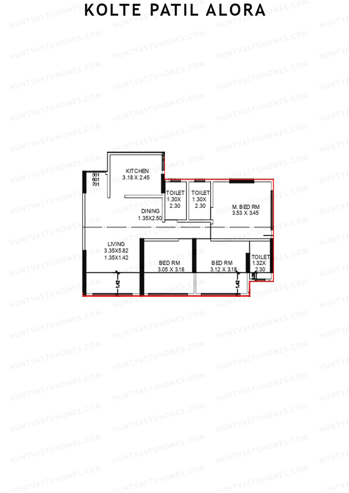 Kolte Patil Alora, Wing D, Unit 1, 3BHK, Carpet Area 886   sq ft 