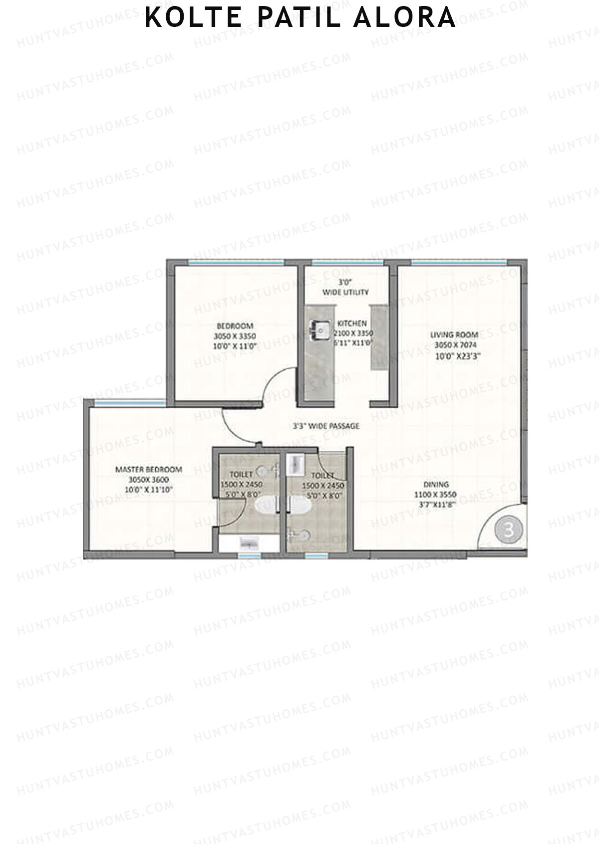 Kolte Patil Alora, Wing D, Unit 3, 2BHK, Carpet Area 746   sq ft 