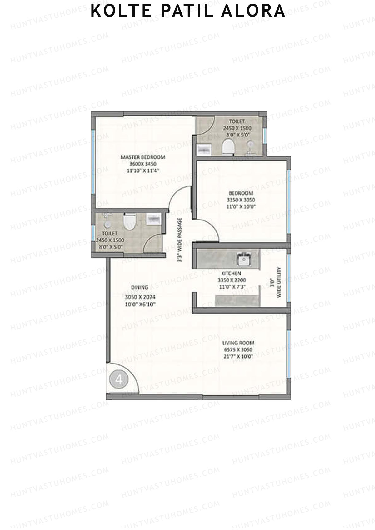 Kolte Patil Alora, Wing D, Unit 4, 2BHK, Carpet Area 758   sq ft 