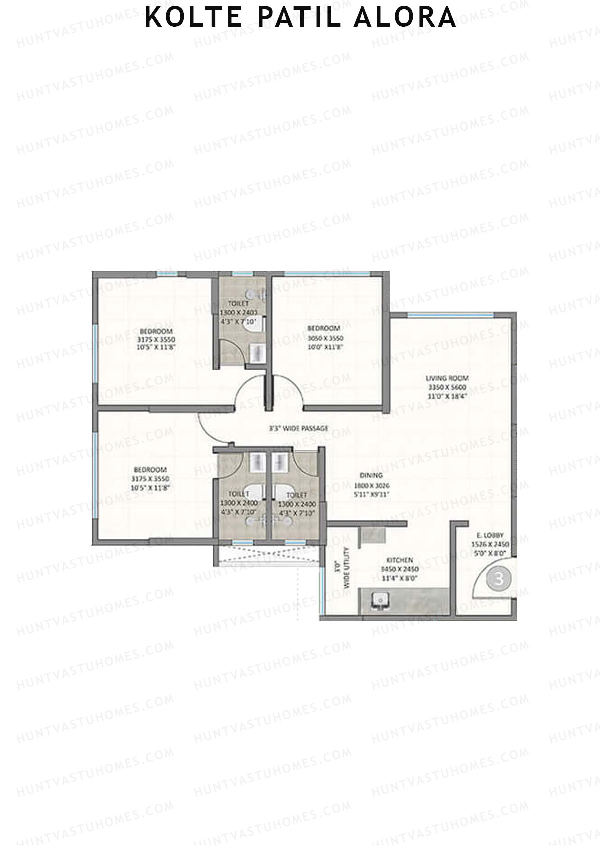 Kolte Patil Alora, Wing E, Unit 3, 3BHK, Carpet Area 975   sq ft 