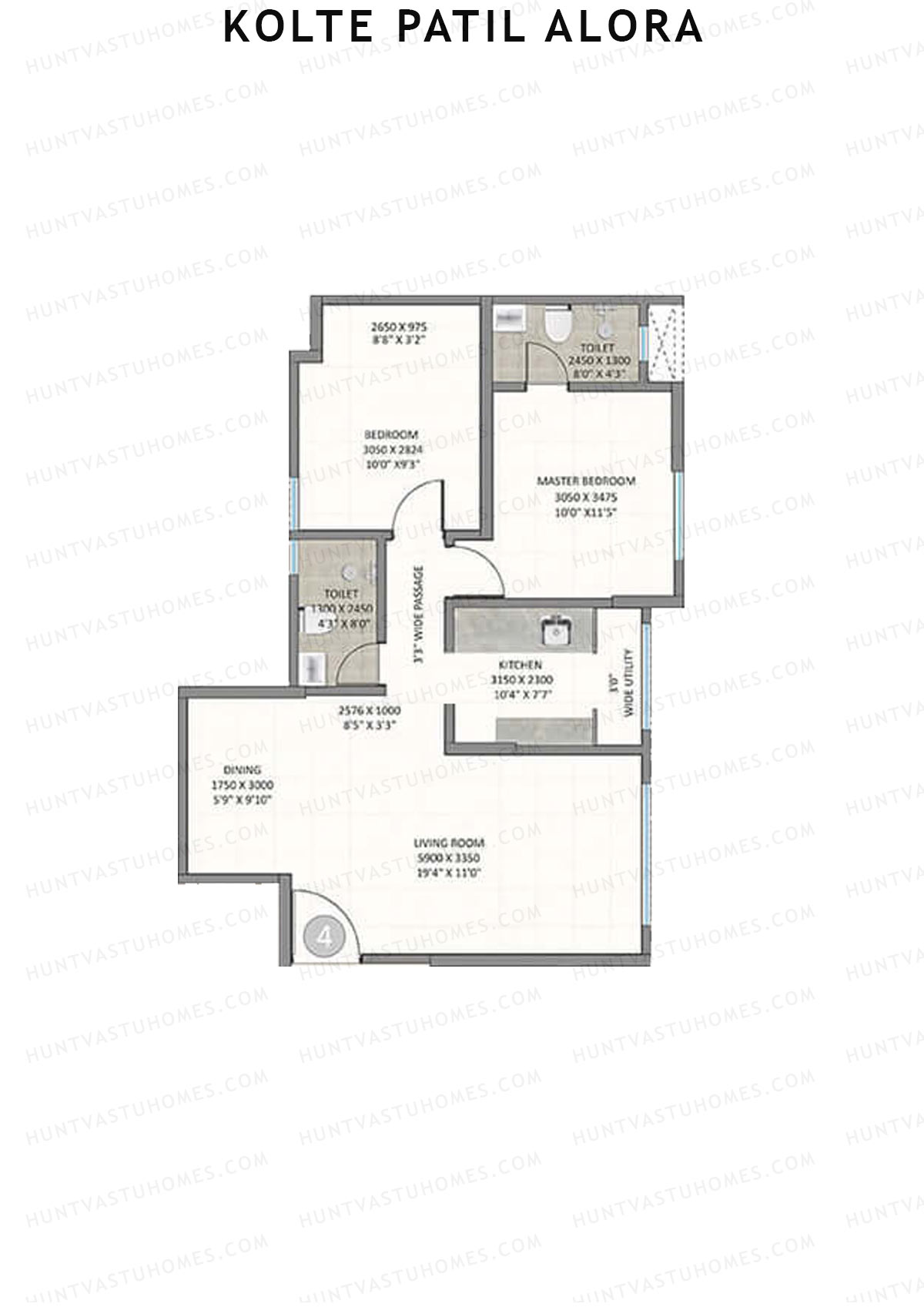 Kolte Patil Alora, Wing E, Unit 4, 2BHK, Carpet Area 764   sq ft 