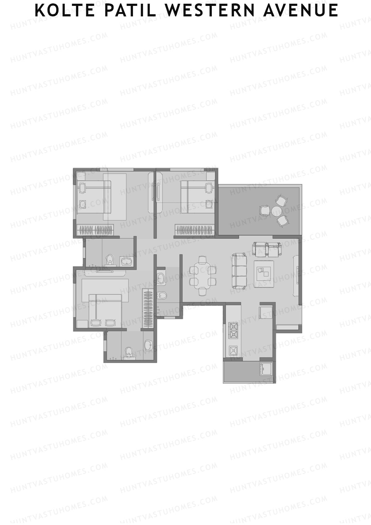 Kolte Patil Western Avenue, Tower E, Unit 1, 3BHK, Carpet Area 733   sq ft 