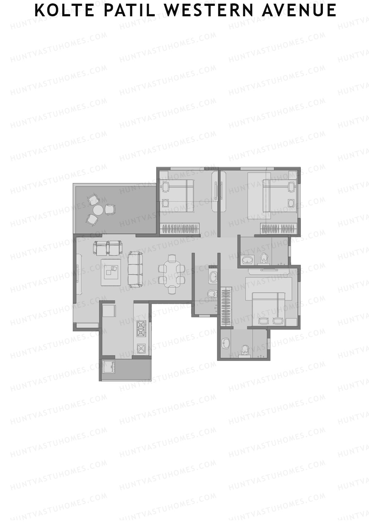 Kolte Patil Western Avenue, Tower E, Unit 4, 3BHK, Carpet Area 733   sq ft 