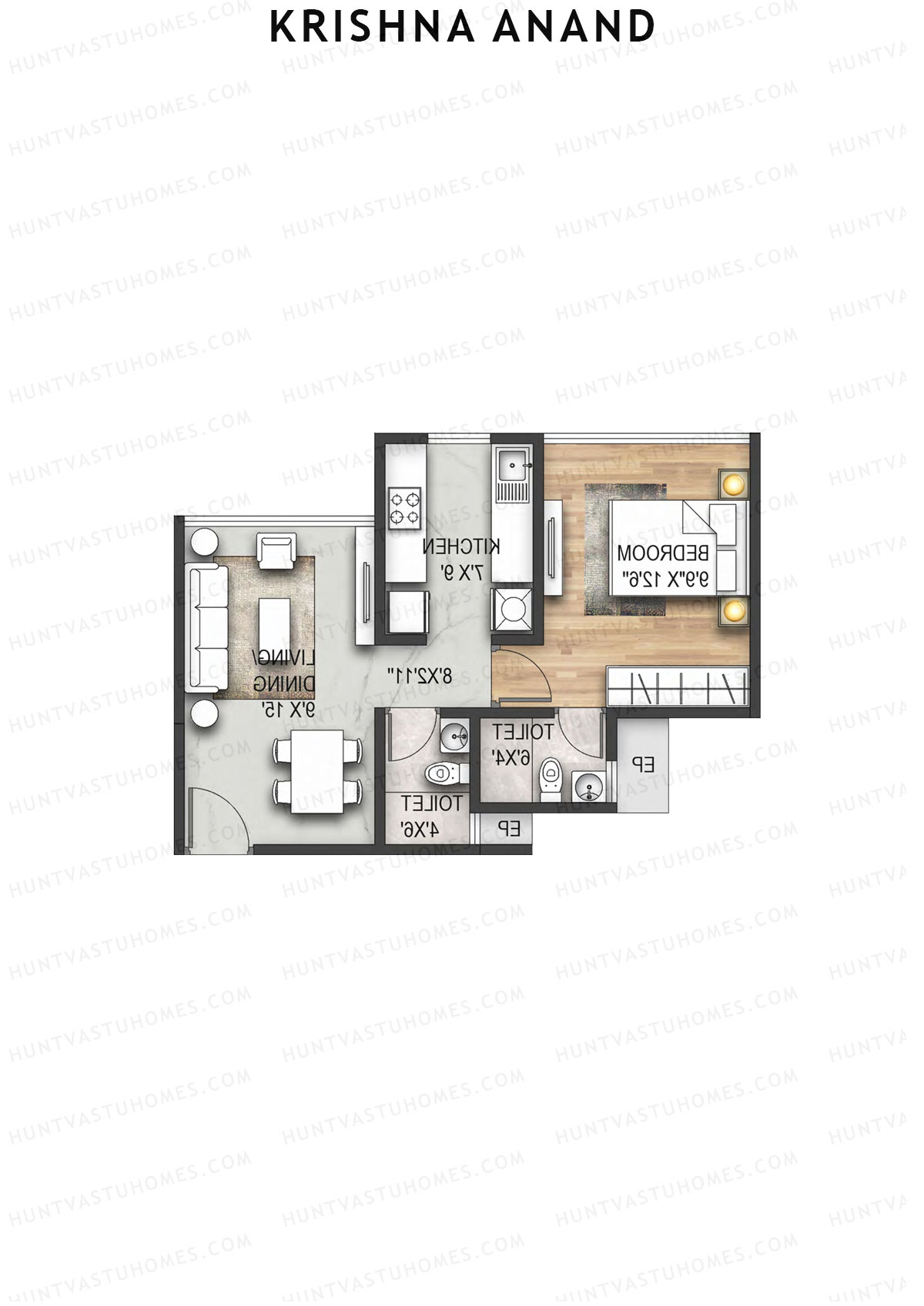 Krishna Anand, Block A, Unit 1, 1BHK, Carpet Area 414   sq ft 