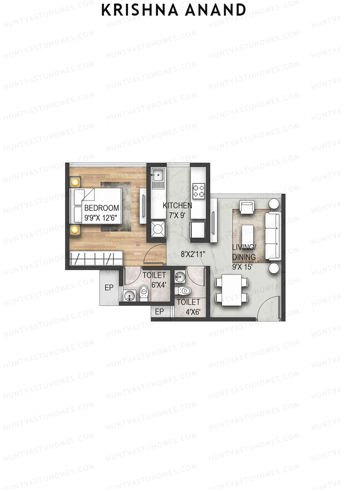 Krishna Anand, Block A, Unit 2, 1BHK, Carpet Area 414   sq ft 