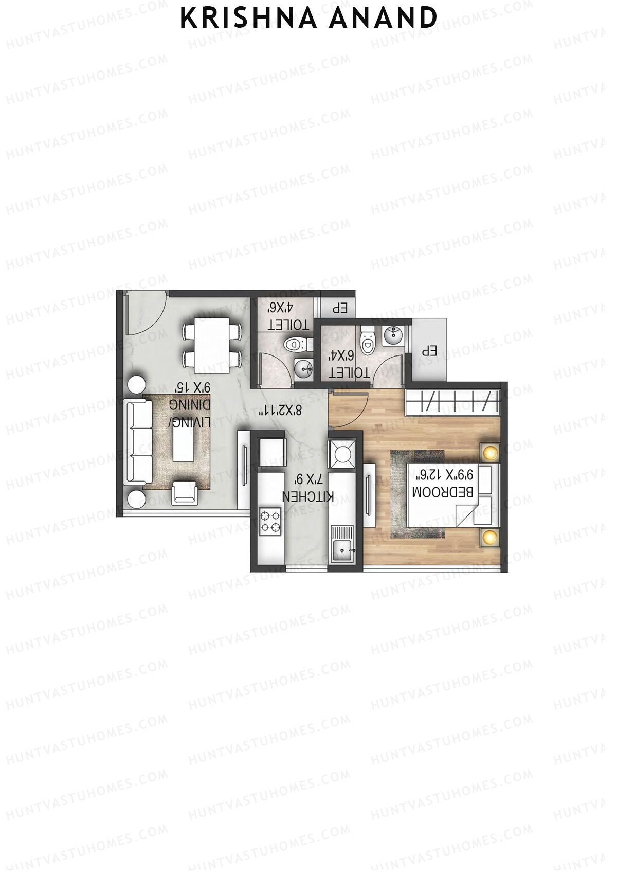 Krishna Anand, Block A, Unit 2, 1BHK, Carpet Area 414   sq ft 
