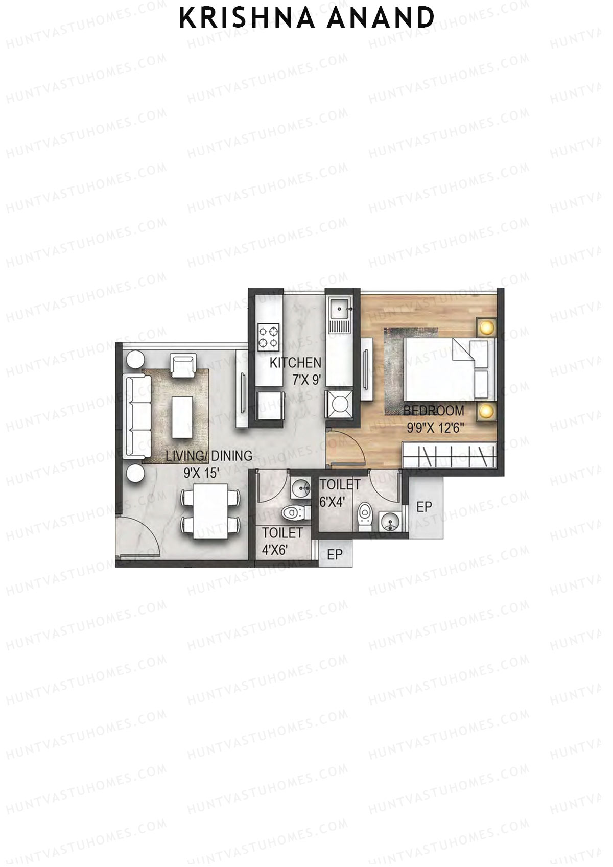 Krishna Anand, Block A, Unit 3, 1BHK, Carpet Area 414   sq ft 