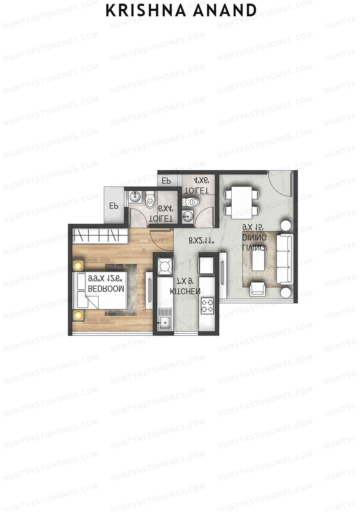 Krishna Anand, Block A, Unit 5, 1BHK, Carpet Area 414   sq ft 