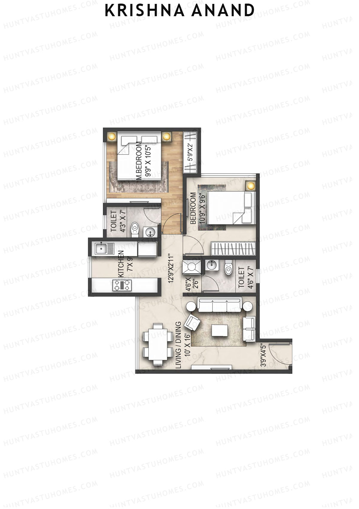 Krishna Anand, Block A, Unit 9, 2BHK, Carpet Area 600   sq ft 
