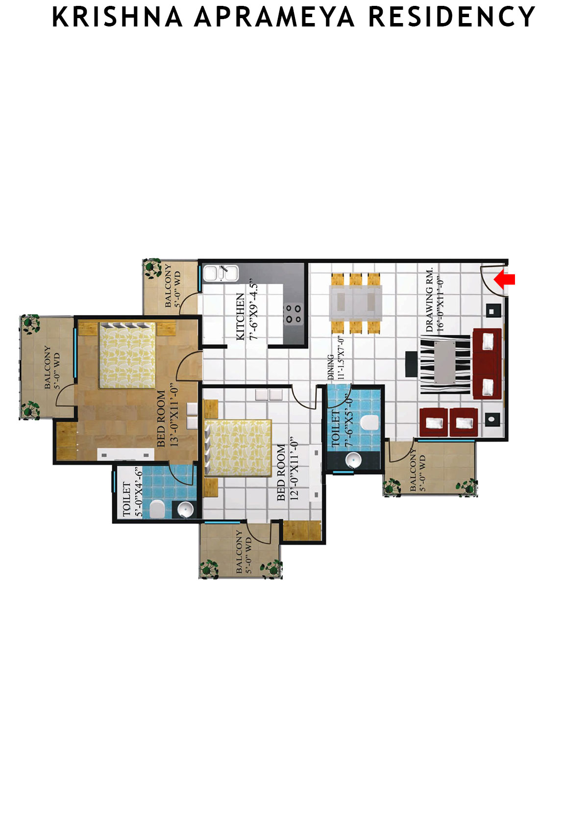 Krishna Aprameya Residency Saraswati Unit 9 (Type III) Floor Plan